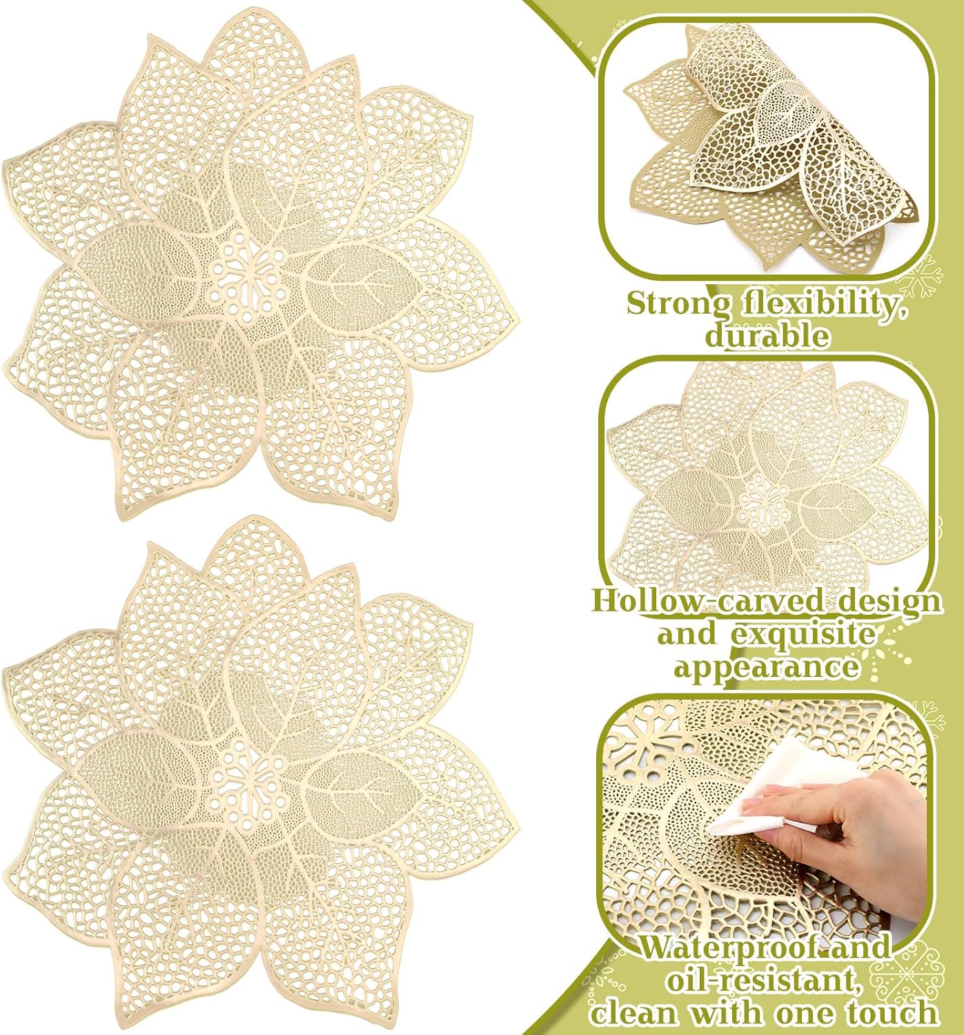 Bencailor 12 manteles individuales redondos dorados con diseño de flores, manteles individuales de vinilo prensado, manteles metálicos para
