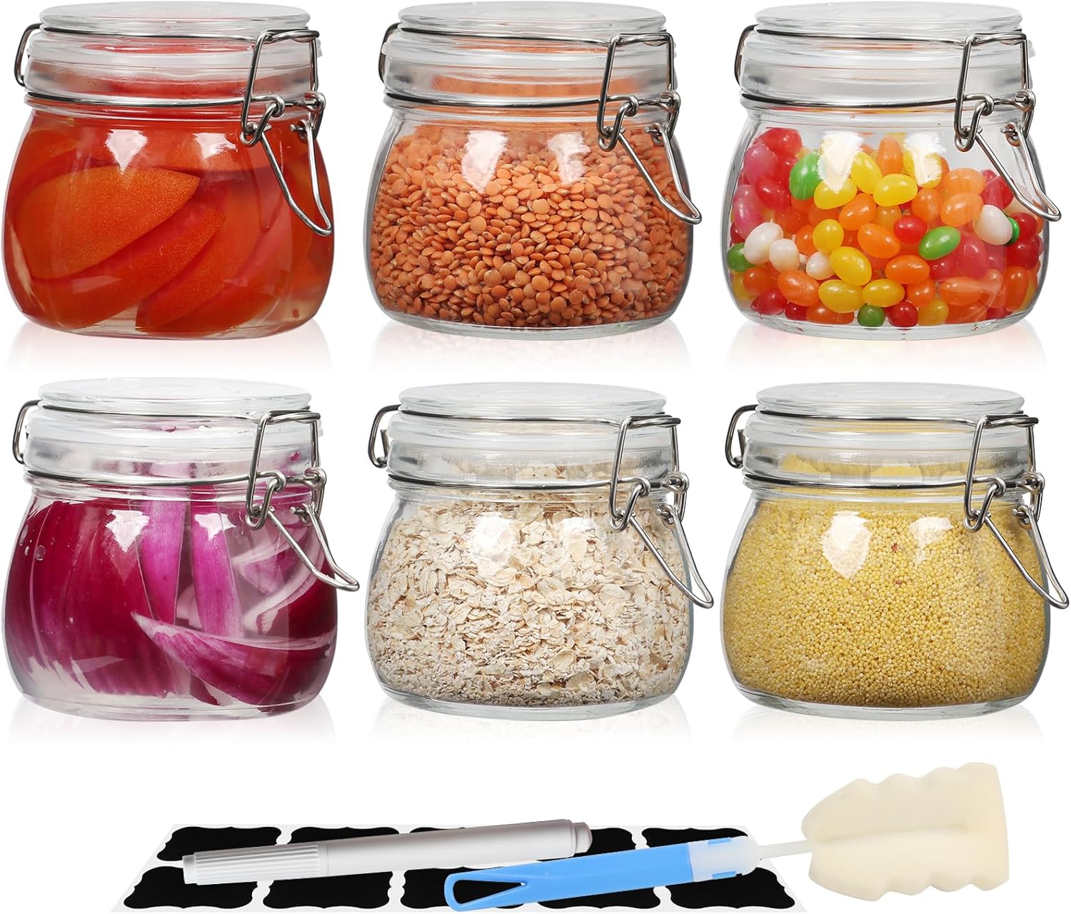 EkkoVla Tarros de vidrio de 17 onzas con tapas herméticas, juego de 6 recipientes de almacenamiento de alimentos, recipientes redondos de vidrio