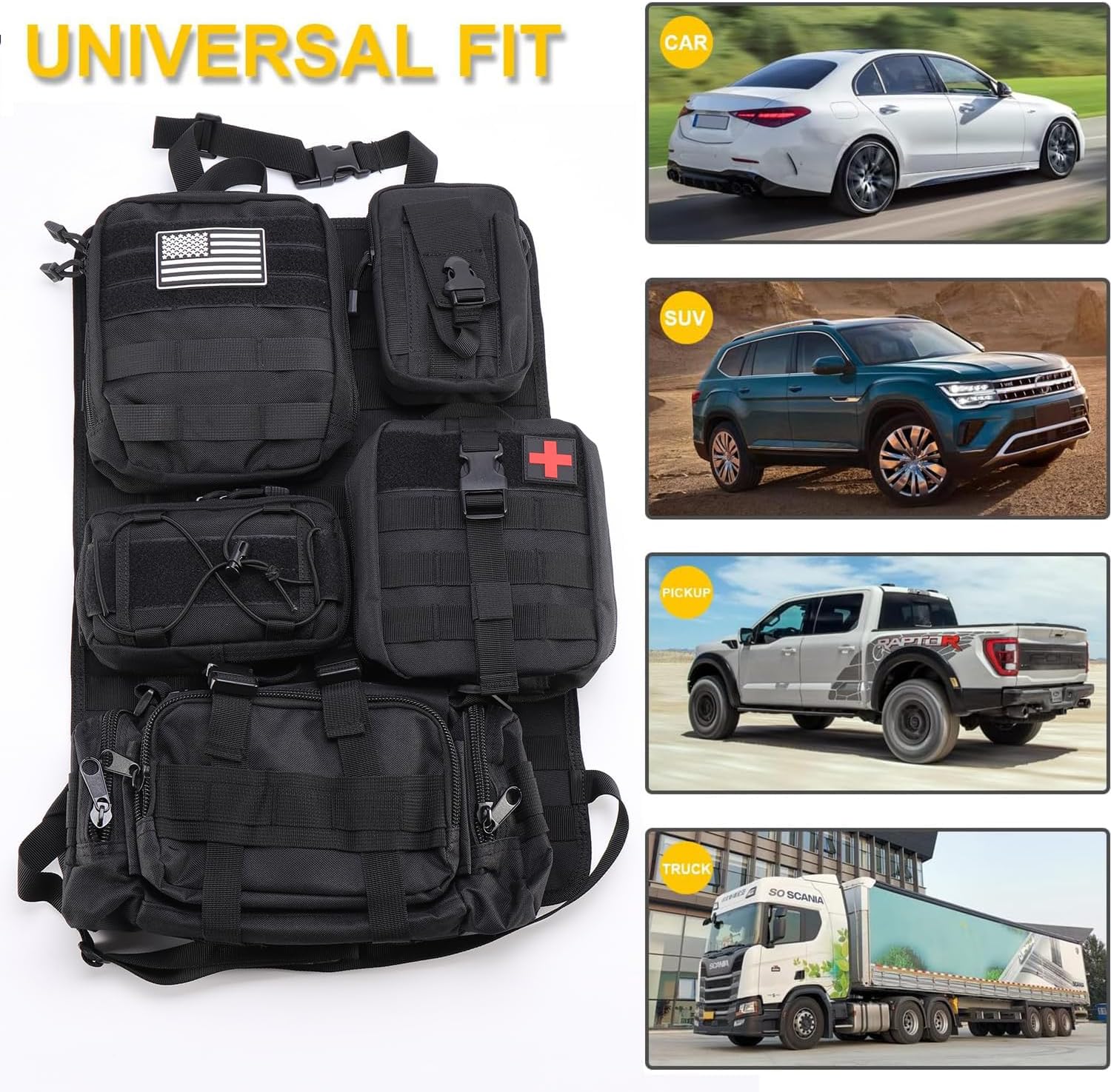 Organizador táctico para respaldo de asiento con 5 bolsas Molle desmontables Universal para asiento de coche, organizador de respaldo de asiento