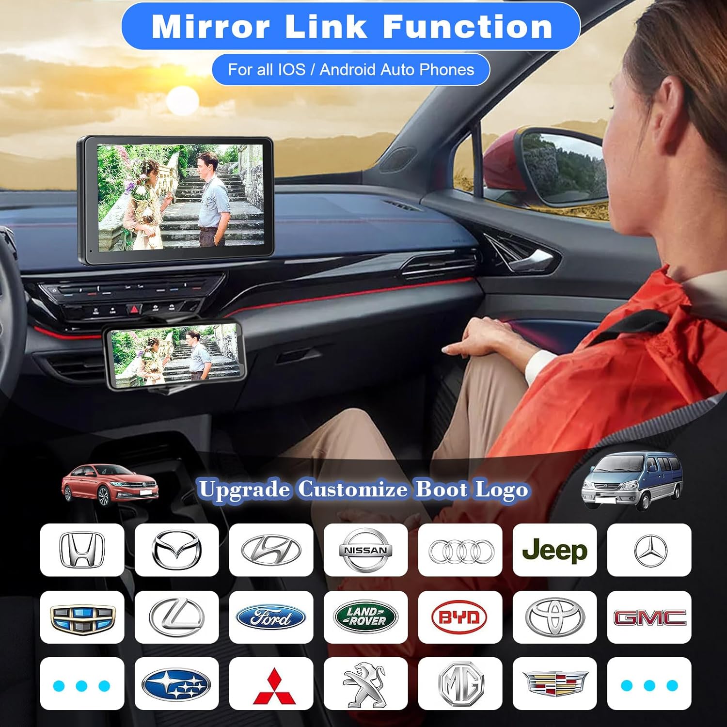 Pantalla inalámbrica portátil Apple CarPlay y Android Auto para automóvil, pantalla táctil HD de 7 pulgadas con enlace de espejo, Bluetooth 5.2,