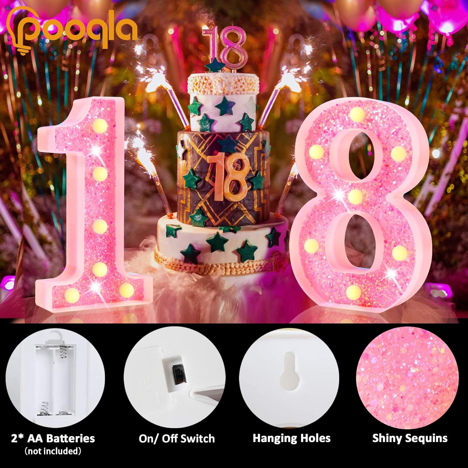 Pooqla Números de marquesina, números iluminados con pilas, números iluminados con purpurina para fiesta de cumpleaños, números LED brillantes para