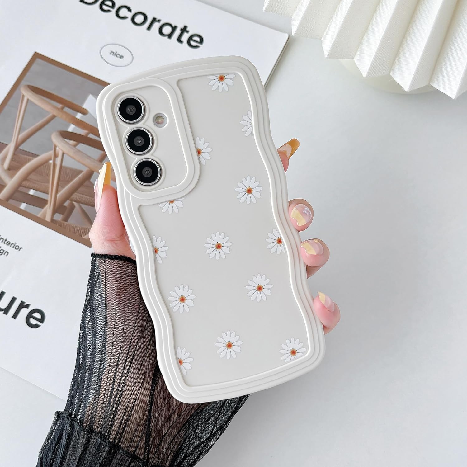 ZTOFERA Funda compatible con Samsung Galaxy A14 5G, marco único ondulado rizado con patrón de margaritas, silicona líquida suave antihuellas, a