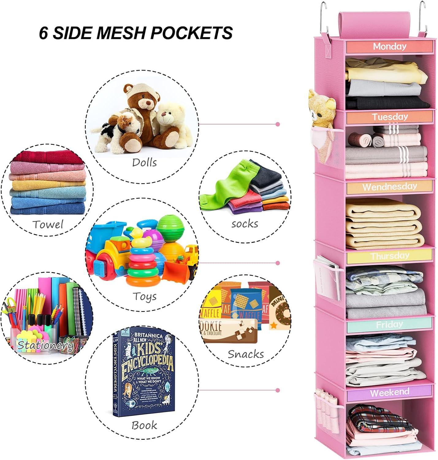 Fixwal Organizador semanal de ropa de 6 estantes para niños, estante diario para niños, organizador de armario colgante con 6 bolsillos laterales,