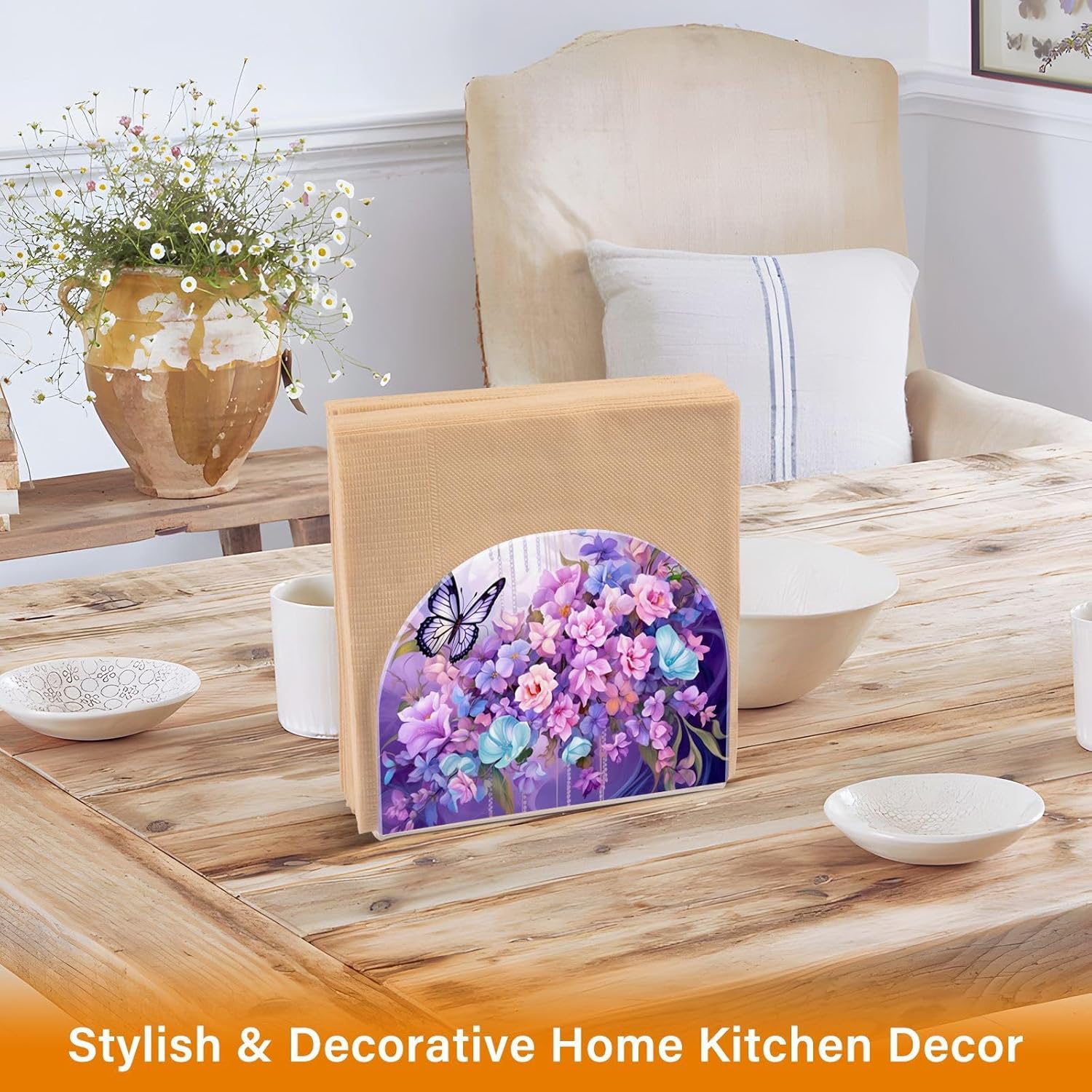 Napkin Holder Butterfly Flowers Napkin Holders for Tables, Clear Acrylic Napkin Holders Cocktail Napkin Holder for Kitchen Restaurant Bar Home Decor