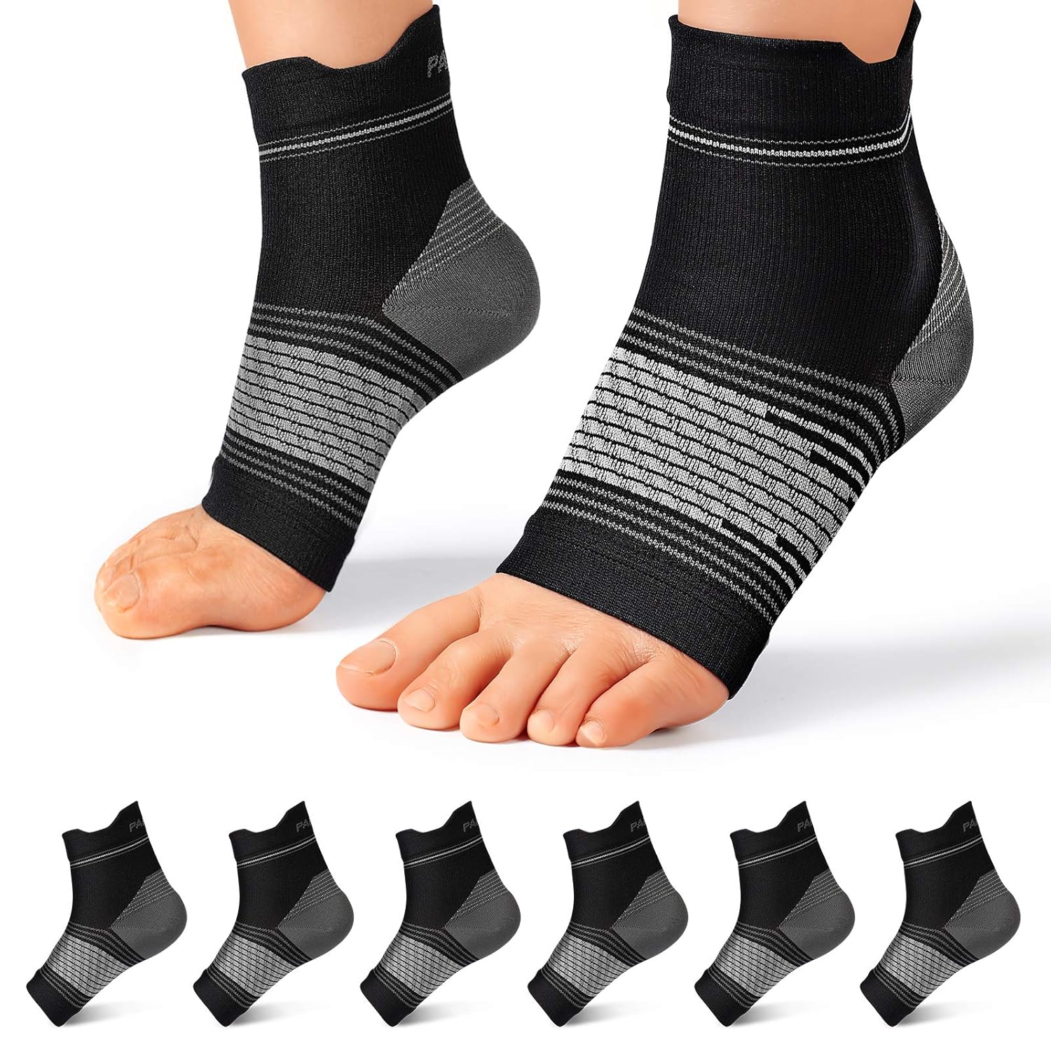 Calcetines para fascitis plantar (6 pares) para hombres y mujeres, mangas de compresión para pies con soporte de arco y tobillo (negro, pequeño)