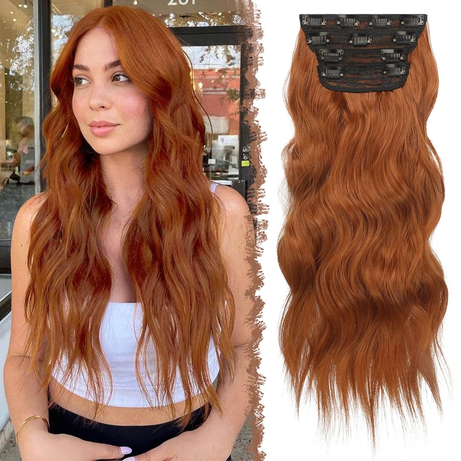 FESHFEN Extensiones de cabello con clip, 4 piezas de extensiones de cabello sintético largo ondulado con clip, extensiones de cabello sintético de