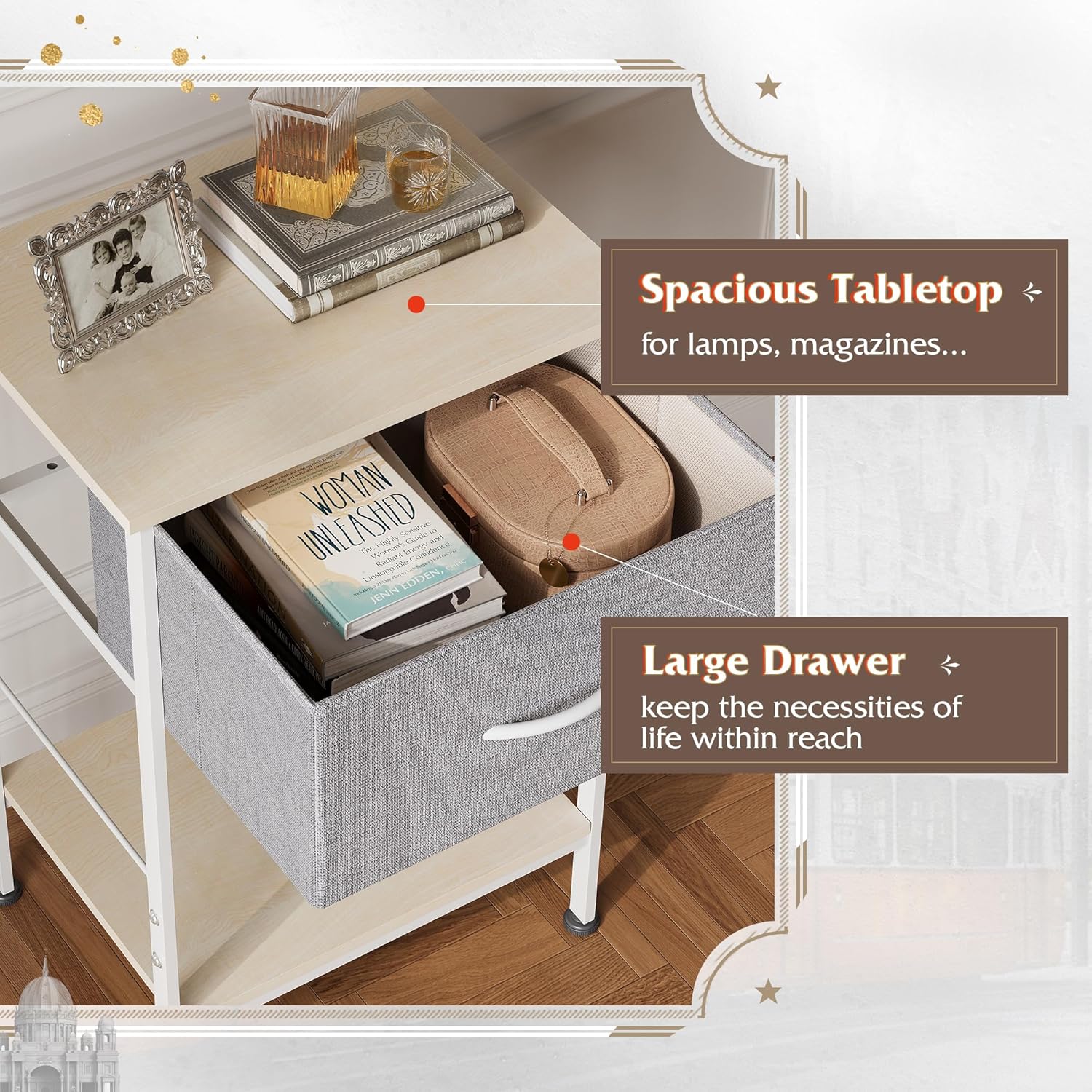 WLIVE Mesita de noche, mesa auxiliar con cajón de almacenamiento de tela y estante de madera abierto, muebles de noche con marco de acero, mesa