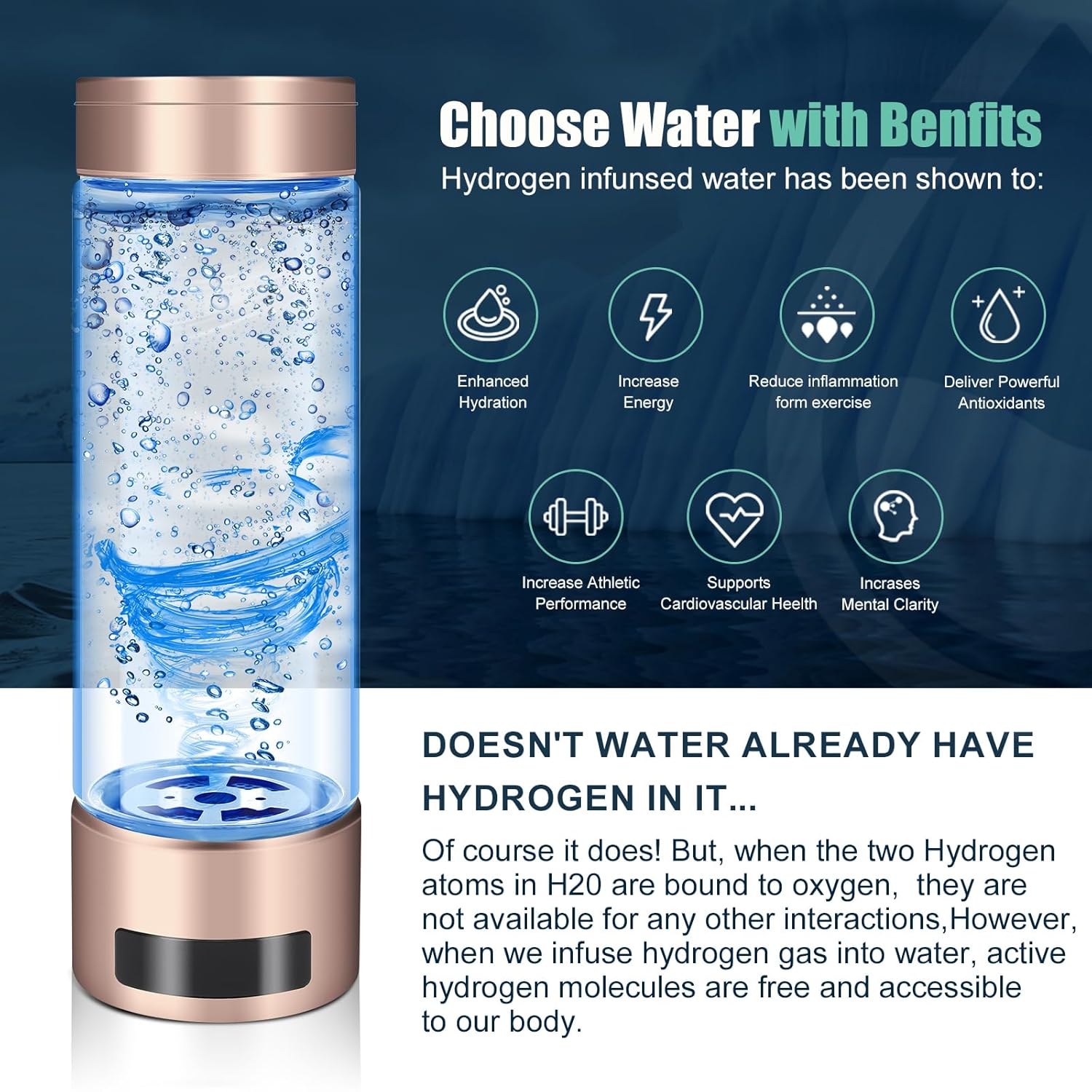 Abaokai Botella de agua de hidrógeno, máquina ionizadora de agua de hidrógeno portátil recargable, tecnología PEM SPE, pantalla LED, genera