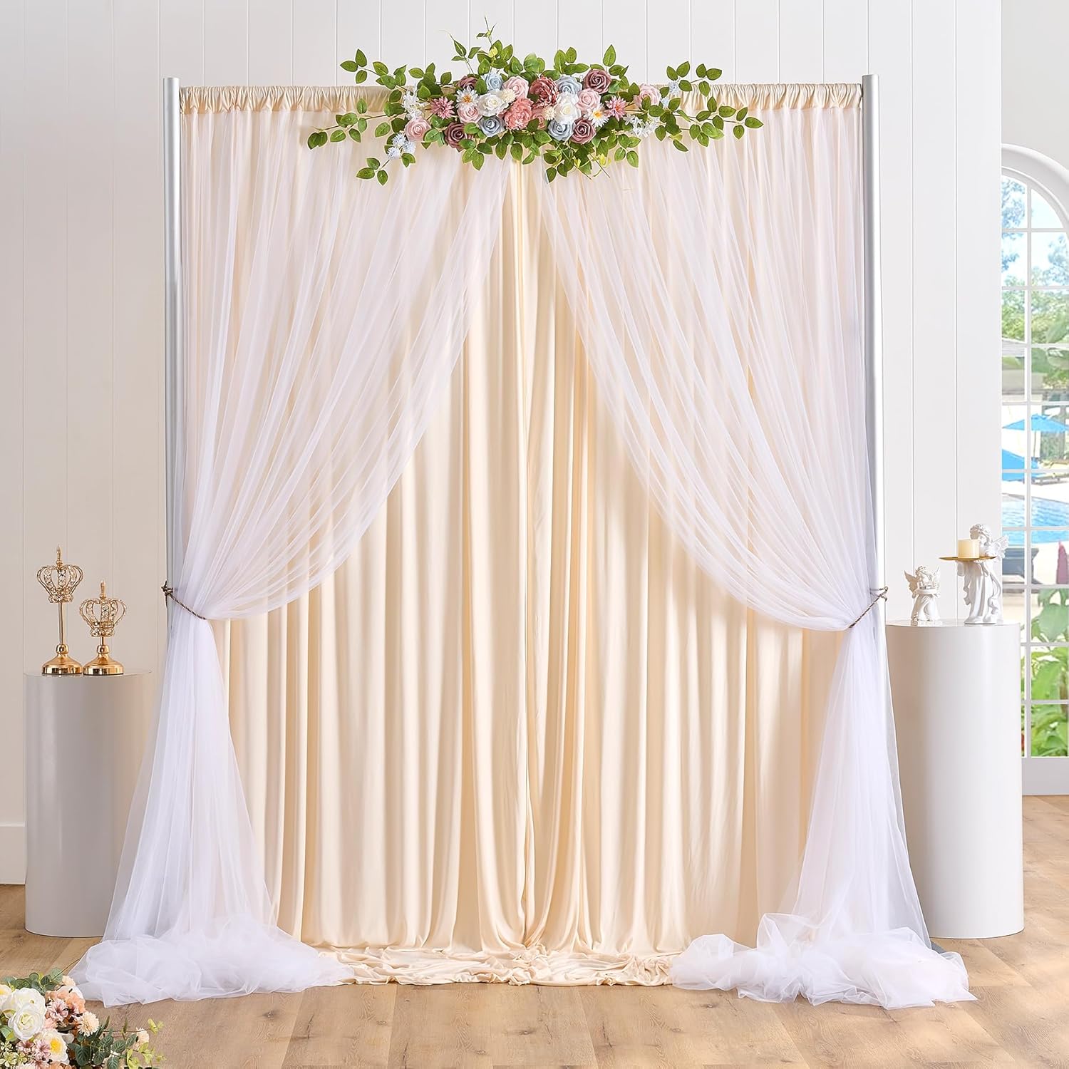 Paneles de cortina de tul champán de 30 x 10 pies, cortinas de tul blanco de doble capa, cortinas de tul de poliéster sin arrugas para bodas,