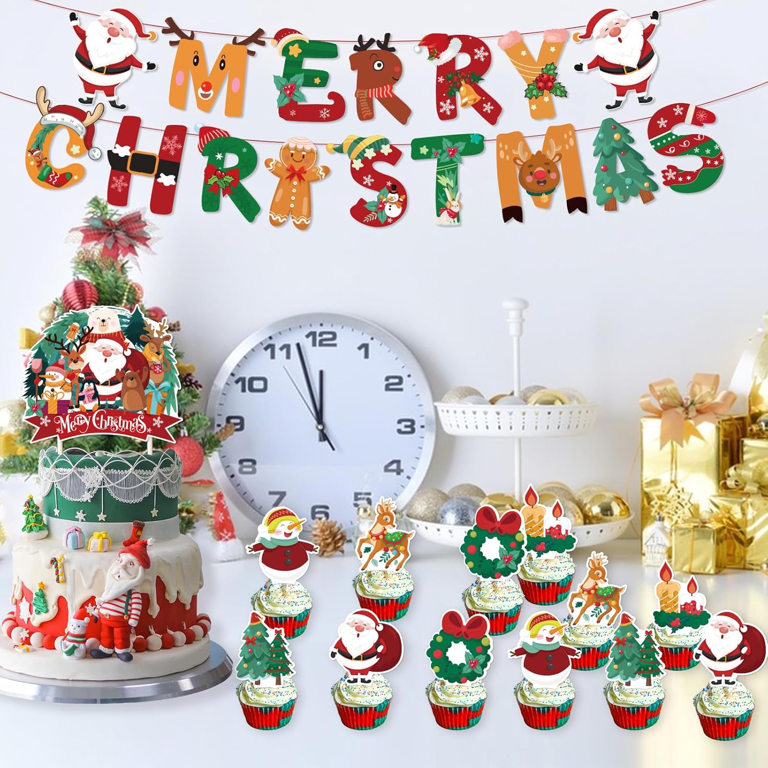 Juego de 61 piezas de decoración de Navidad, suministros de decoración de fiesta de Navidad, pancarta de decoración de Navidad, globo de Papá Noel,