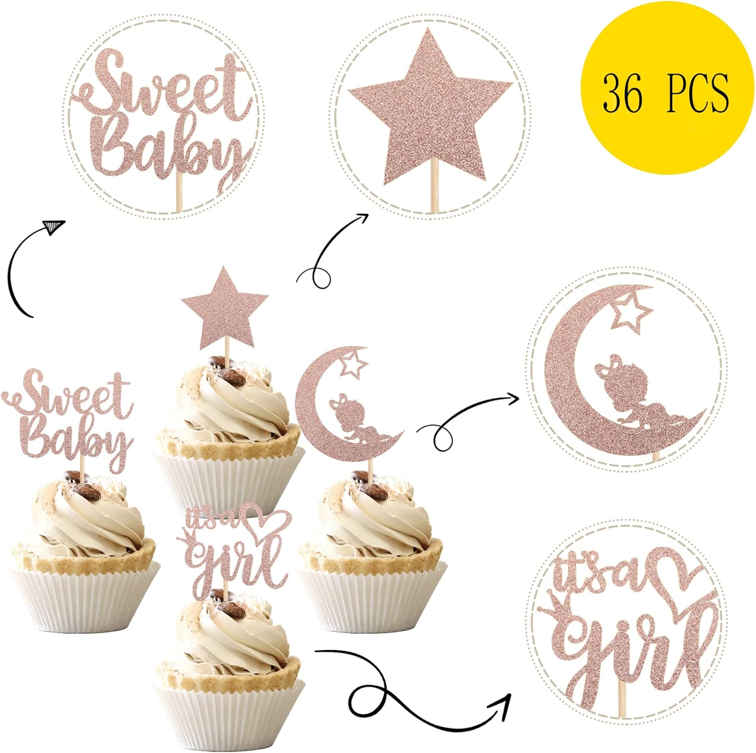 36 piezas de decoración para cupcakes para baby shower con luna con purpurina y estrella It’s a Girl Sweet Baby Reveal para cupcakes Baby Shower