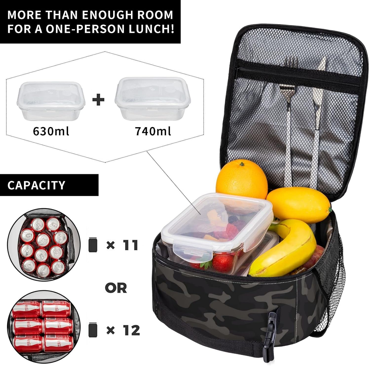 Bolsa de almuerzo portátil de camuflaje negro y gris con aislamiento, bolsa de almuerzo reutilizable para mujeres hombres trabajo picnic camping