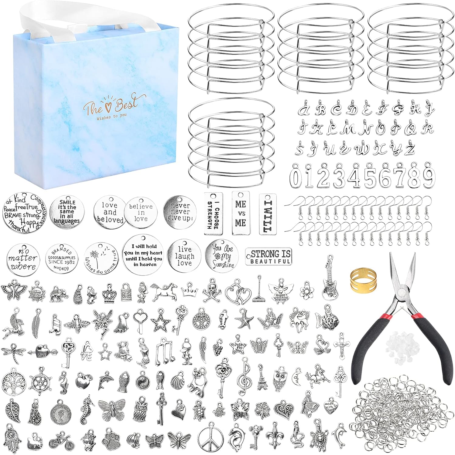 UPINS – Kit de 544 piezas para hacer aretes de pulsera, brazaletes en blanco expandibles con dijes, colgantes de plata tibetana, ganchos para