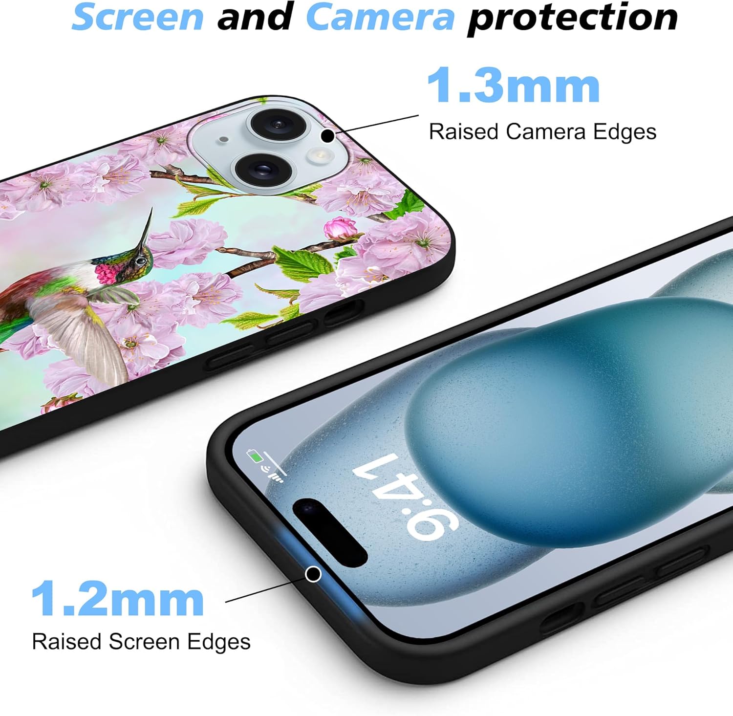 MSEAANBK Funda de colibrí para iPhone 15 de 6.1 pulgadas, diseño de flores de cerezo para iPhone 15, para mujeres, niñas y hombres, TPU suave, a