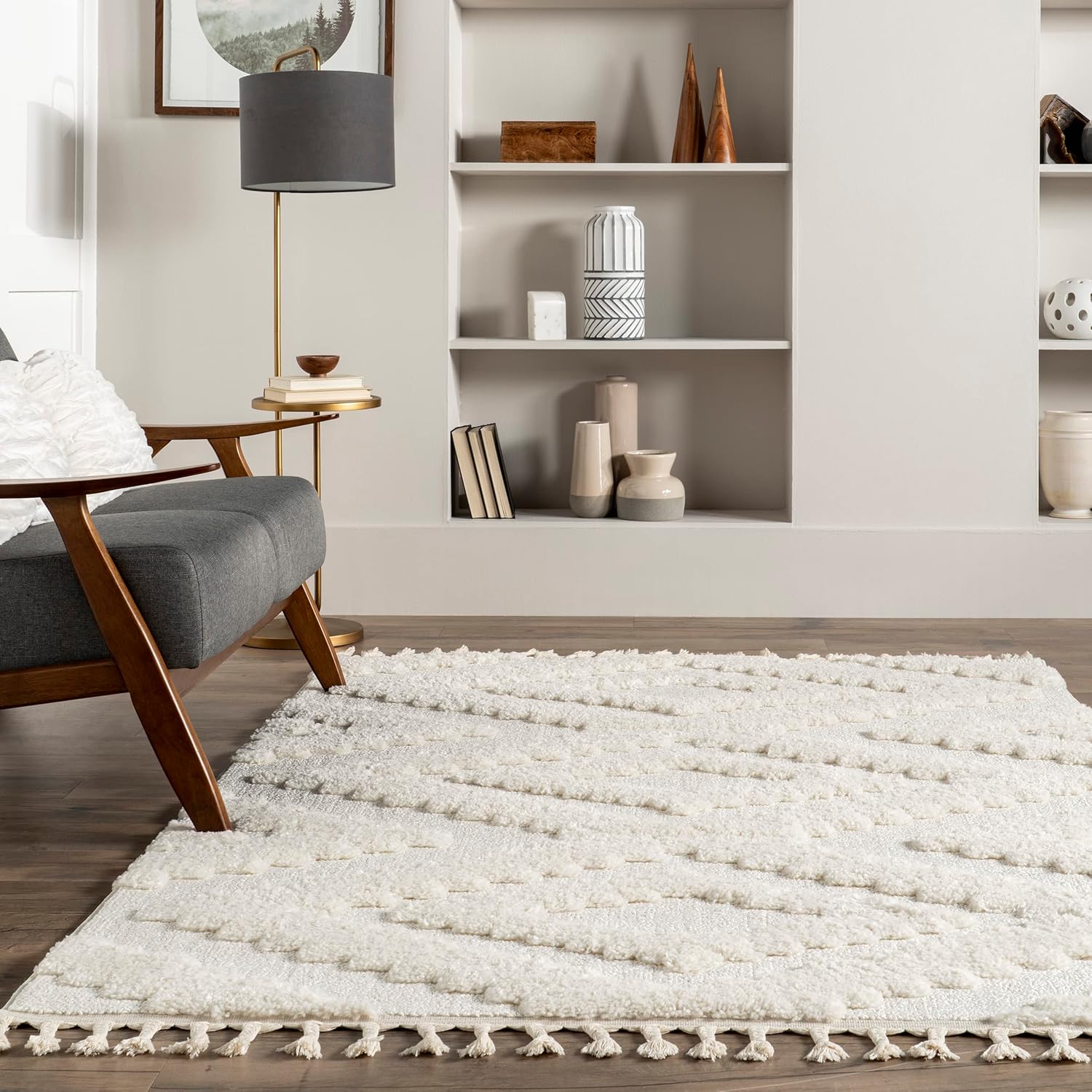 nuLOOM Tinsley – Alfombra geométrica alta y baja con borlas, 4 x 6, color beige