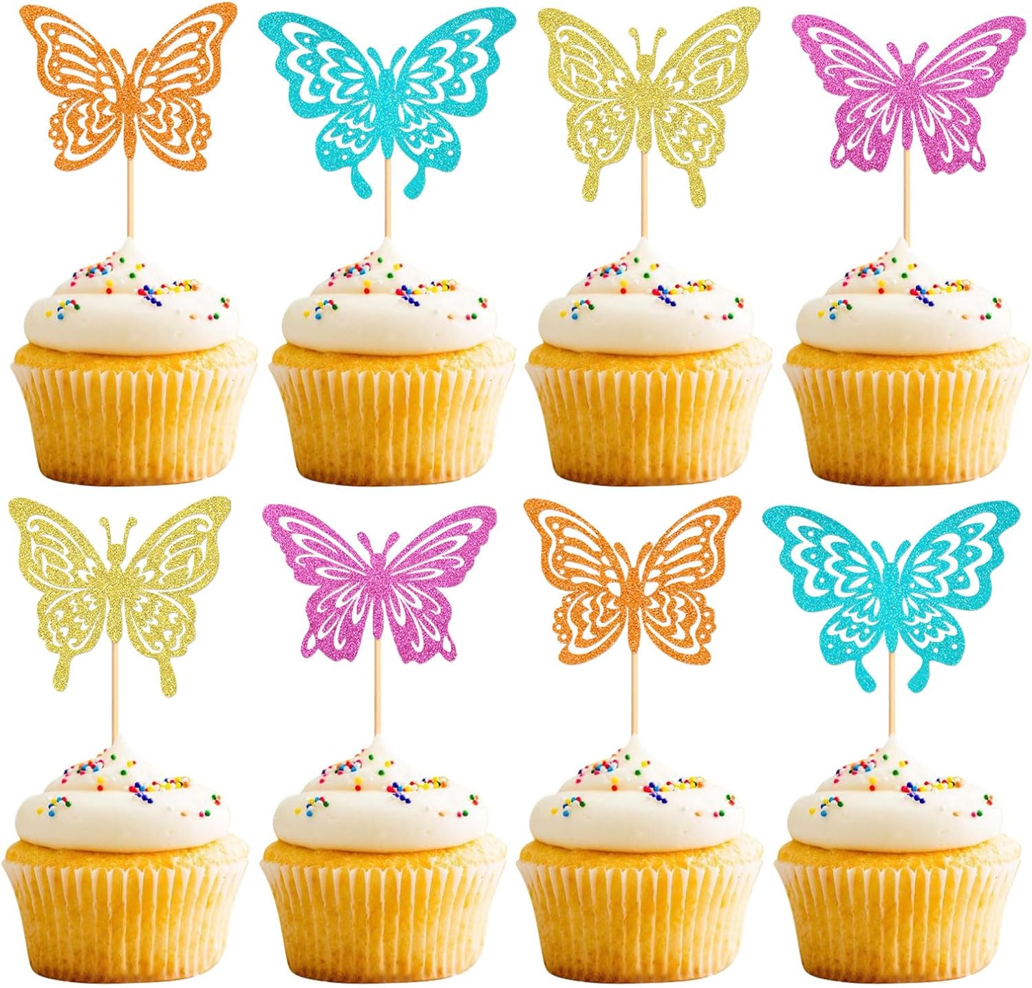 Paquete de 24 adornos de mariposa para cupcakes ensamblados con diseño de mariposa, baby shower, boda, compromiso, despedida de soltera, para niños,