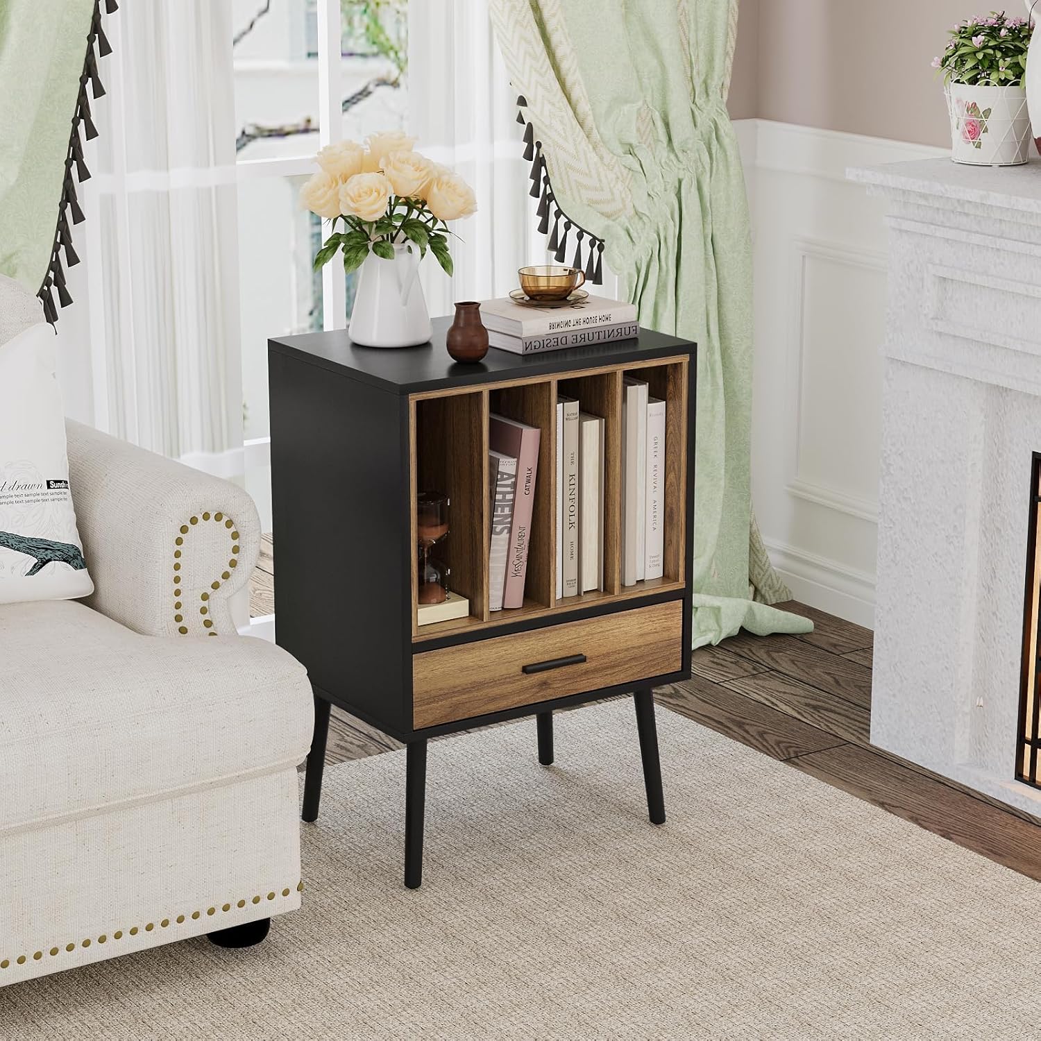 Semiocthome Soporte para tocadiscos con caja de almacenamiento de vinilo anidable, mesa para tocadiscos con cajón y patas de madera maciza, mesa