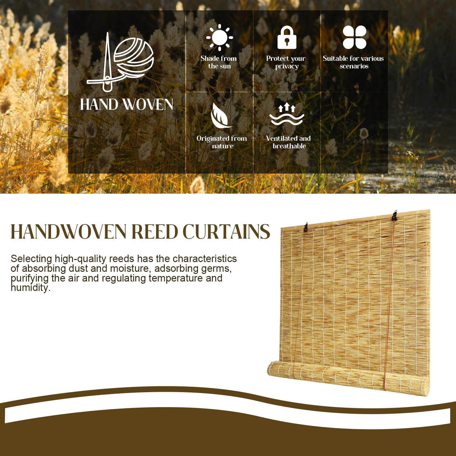 Persianas enrollables de caña para exteriores, persianas enrollables de bambú retro, anti-UV e impermeable, adecuadas para interiores y exteriores,