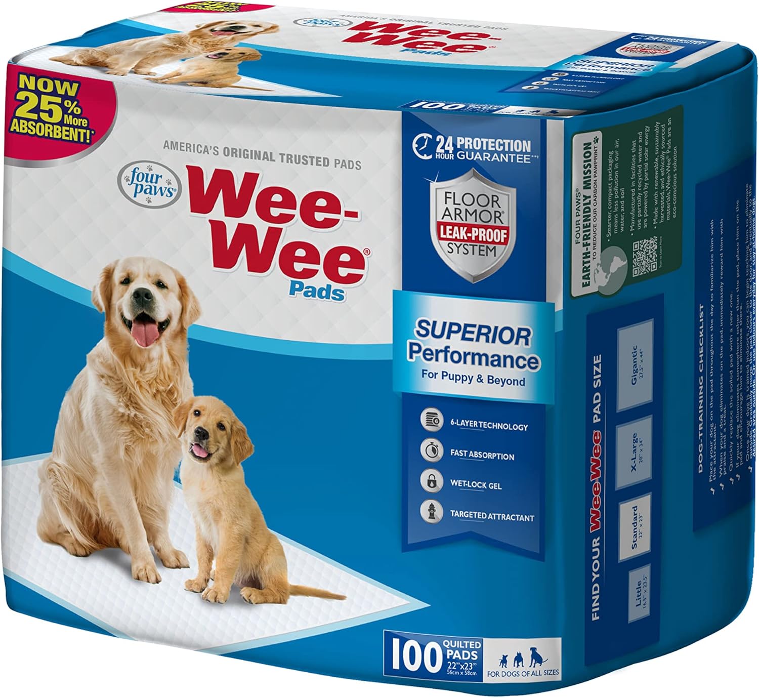 Four Paws Wee-Wee Tapetes entrenadores para perros y cachorros, rendimiento superior, 22 x 23 pulgadas (100 unidades)