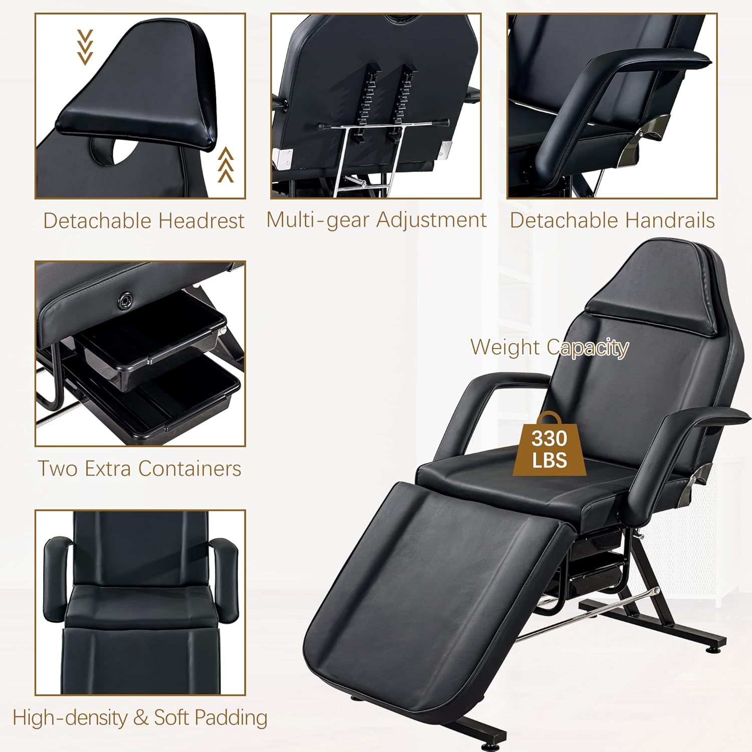 Cama de masaje de salón con taburete, Silla de mesa de masaje facial de spa de belleza de 73 pulgadas, sillas de tatuaje ajustables de 3 secciones,