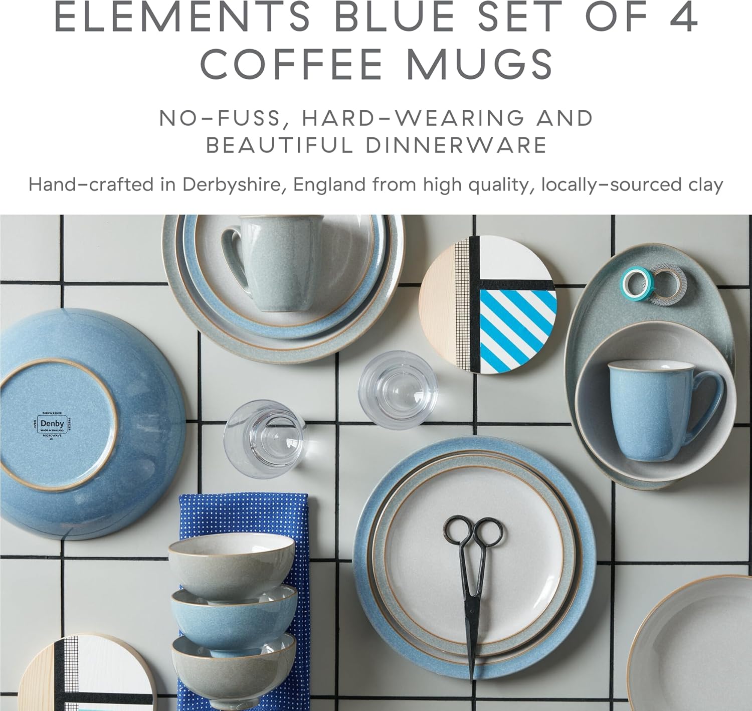 Denby – Elements Blue – Juego de 4 tazas de café grandes de 11.15 onzas para oficina y hogar, aptas para lavavajillas, microondas – Tazas de té de