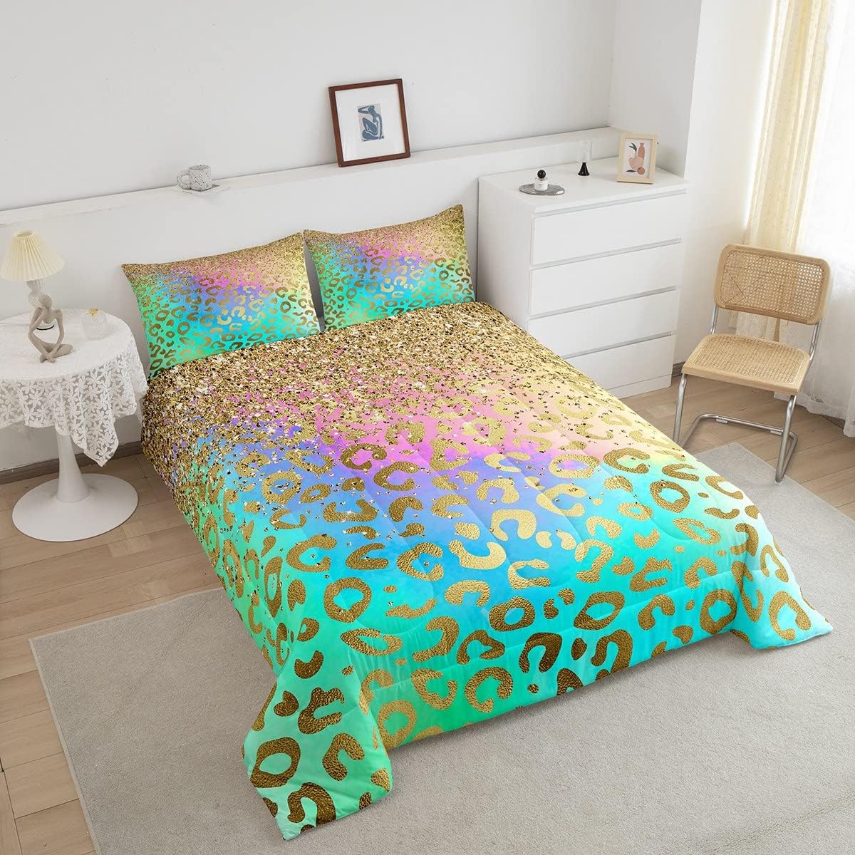 Feelyou Juego de edredón de leopardo dorado con purpurina, juego de ropa de cama con estampado de animales salvajes, juego de edredón acolchado de