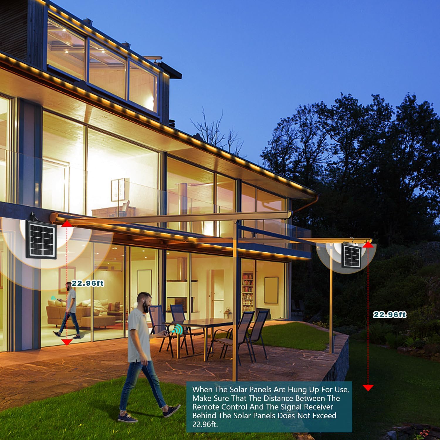 Nurluce Tira de luces LED solares para exteriores, impermeable, blanco cálido, 32.8 pies, 960 LED, 2400 mAh, 24 V, tira de luz solar con control