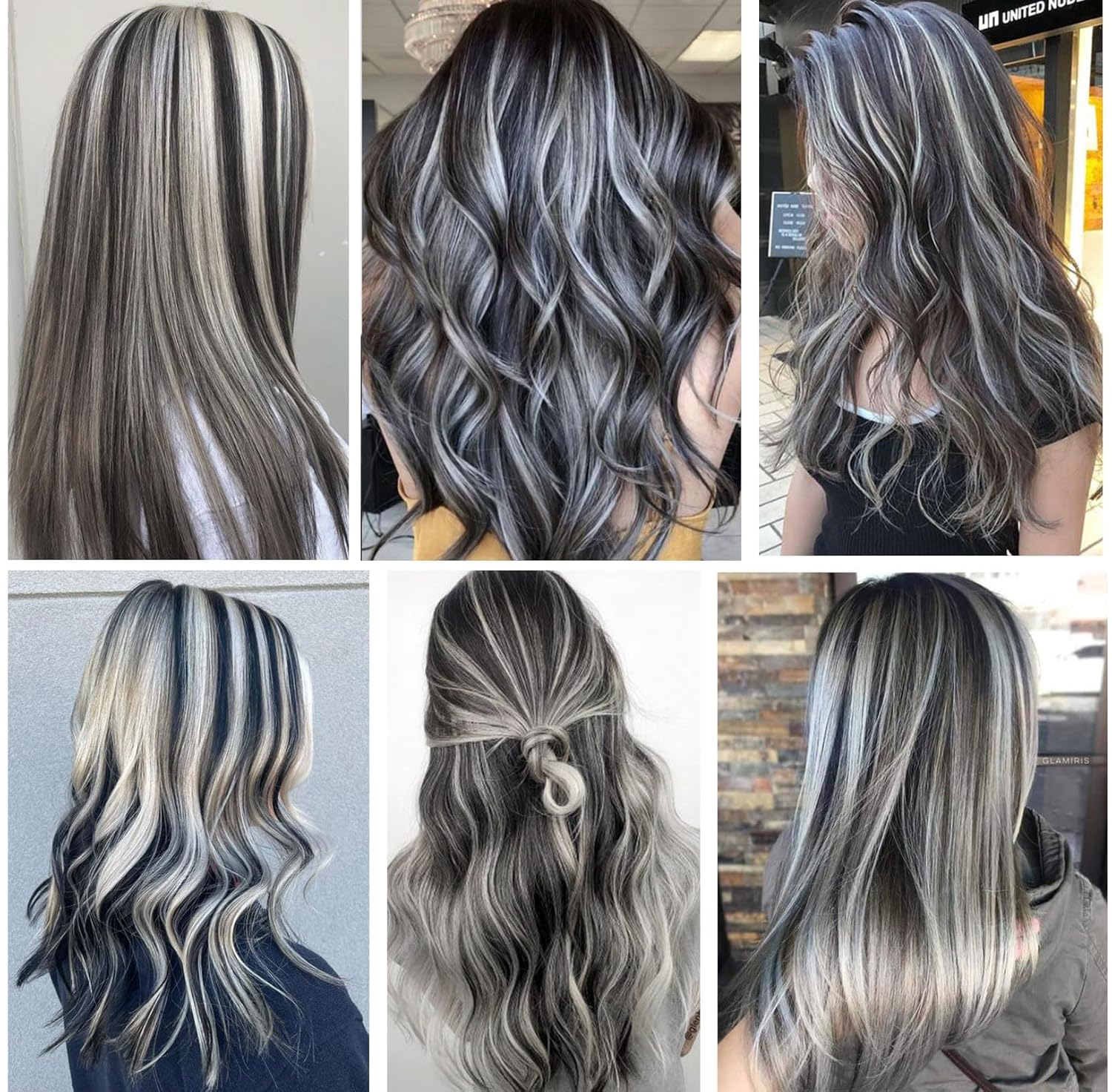 15 extensiones de cabello sintético de colores, multicolor, con reflejos, para fiestas, de 20 pulgadas (negro, gris, blanco, gris, gris claro)
