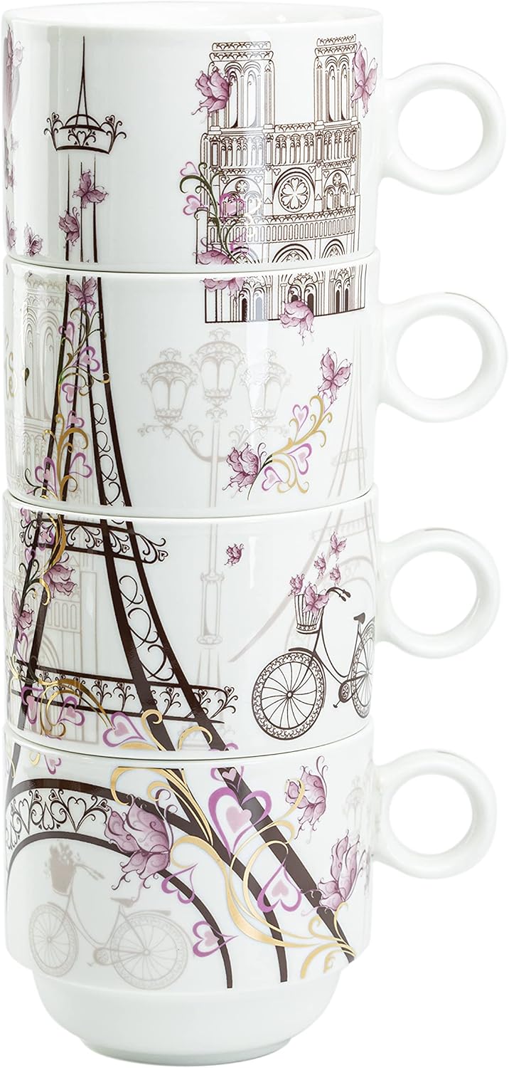 Juego de 4 tazas apilables de café y té de 10 onzas con soporte de metal blanco (Torre Eiffel de París, oro rosa)
