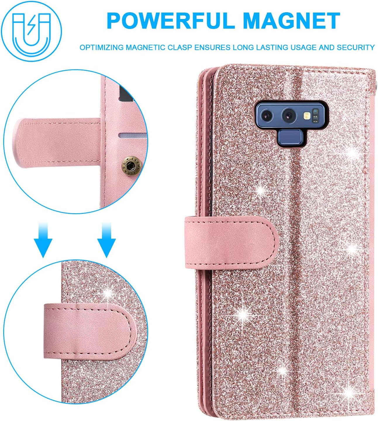 Furiet Compatible con Samsung Galaxy Note 9 – Funda tipo cartera para correa de muñeca con correa de muñeca, soporte para tarjetas de piel