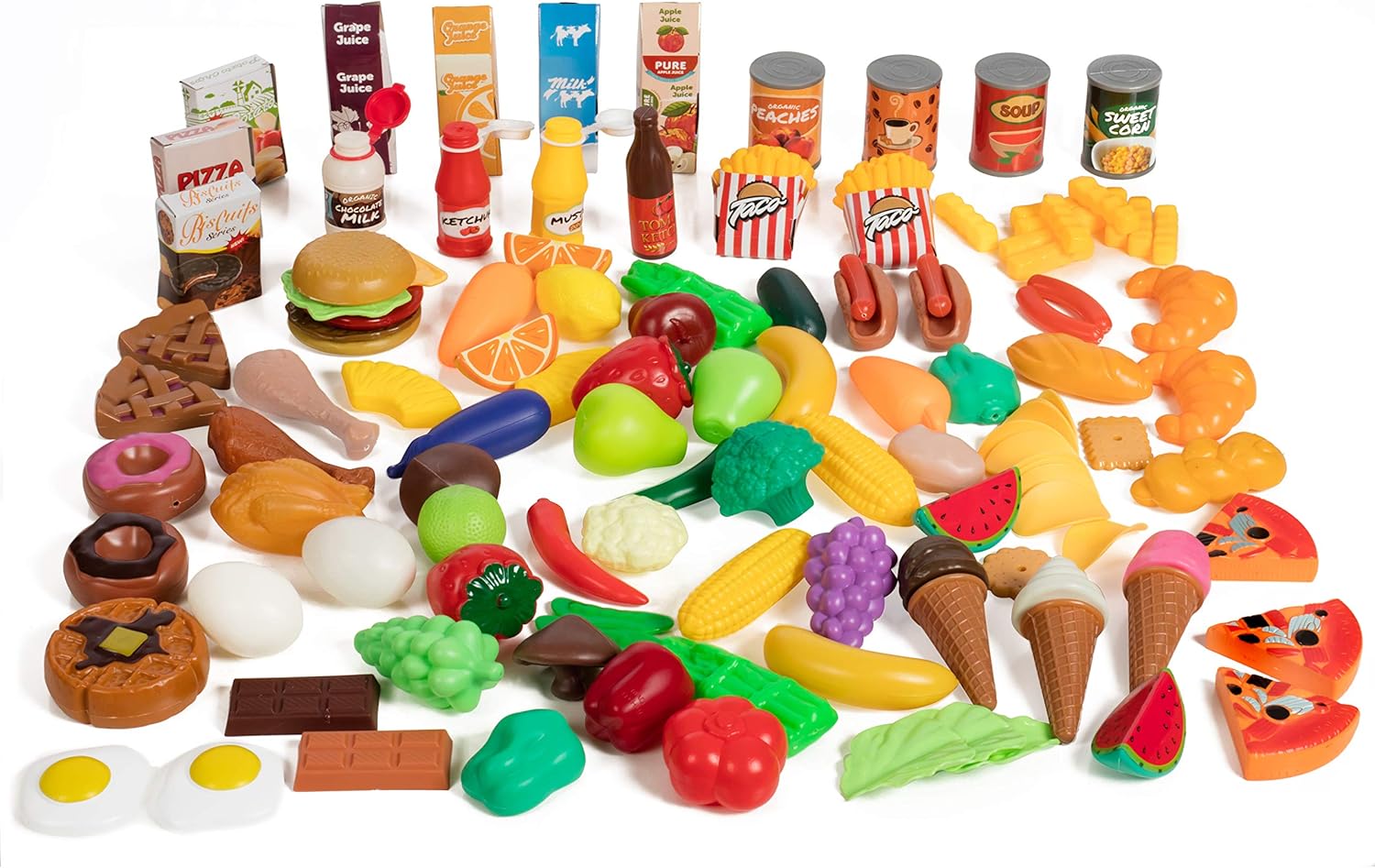 IQ Toys – Juego de lujo de 120 piezas de comestibles, juego piezas de plástico duro de juguete para cocinar, hornear, surtido de comestibles para