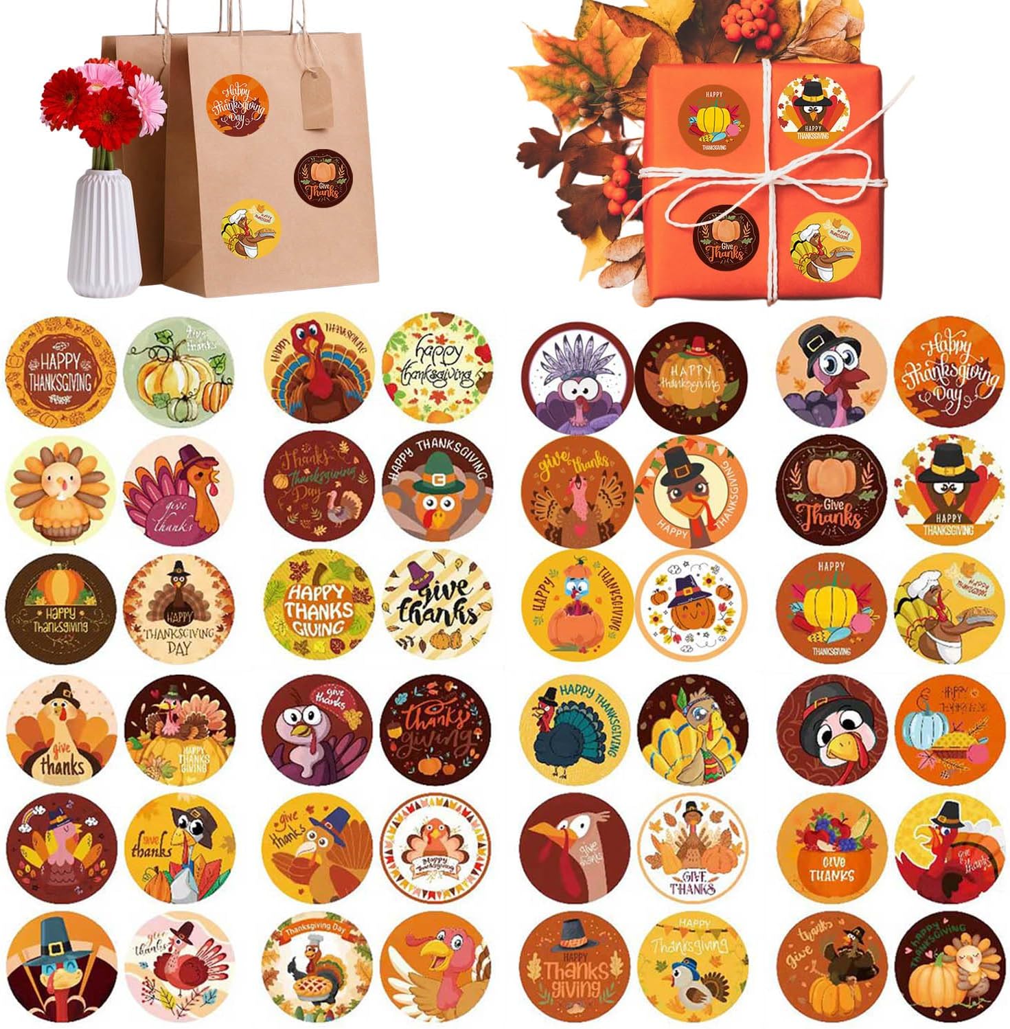 96 calcomanías de pavo de Acción de Gracias, etiquetas redondas para sellar sobres, etiquetas autoadhesivas de calabaza para el día de Acción de