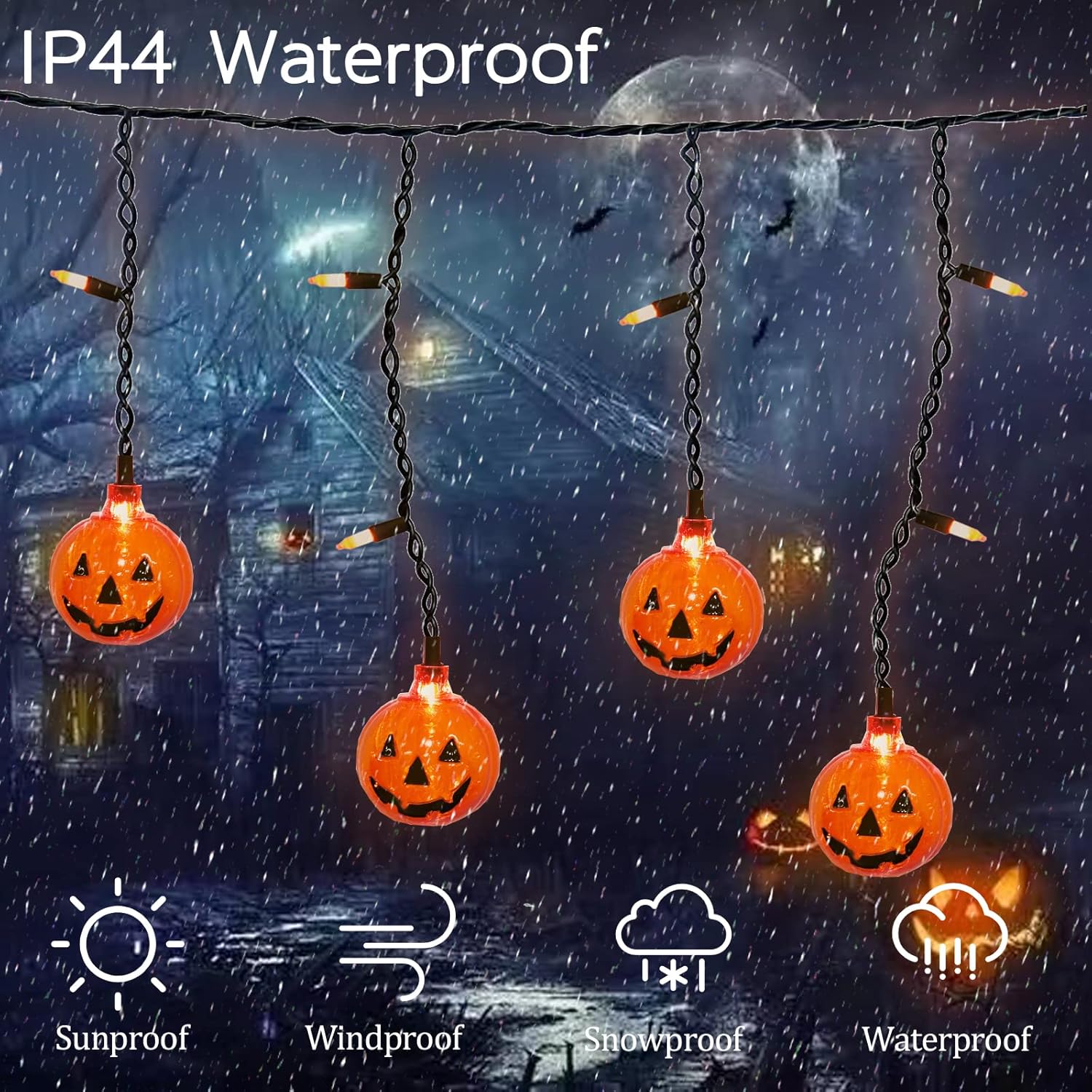 Luces de otoño y Halloween enchufables de 7 pies de largo, 25 unidades, mini cortina de luces con 10 unidades de Halloween, farol Jack O Lantern,