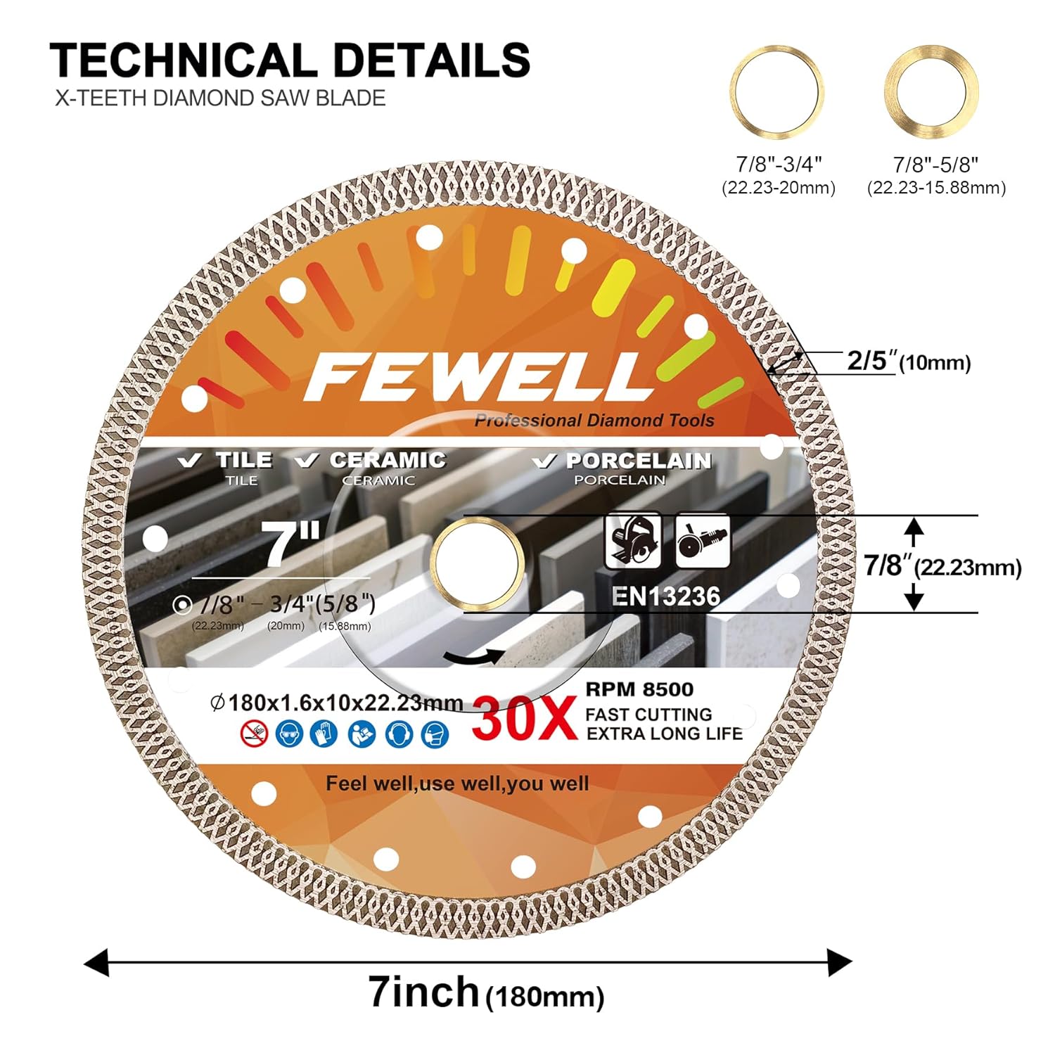 FEWELL Rueda de corte turbo superfina de 7 pulgadas, 0.063 in, hoja de diamante X-Teeth, porcelana de corte secohúmedo, azulejos y cerámica (paquete