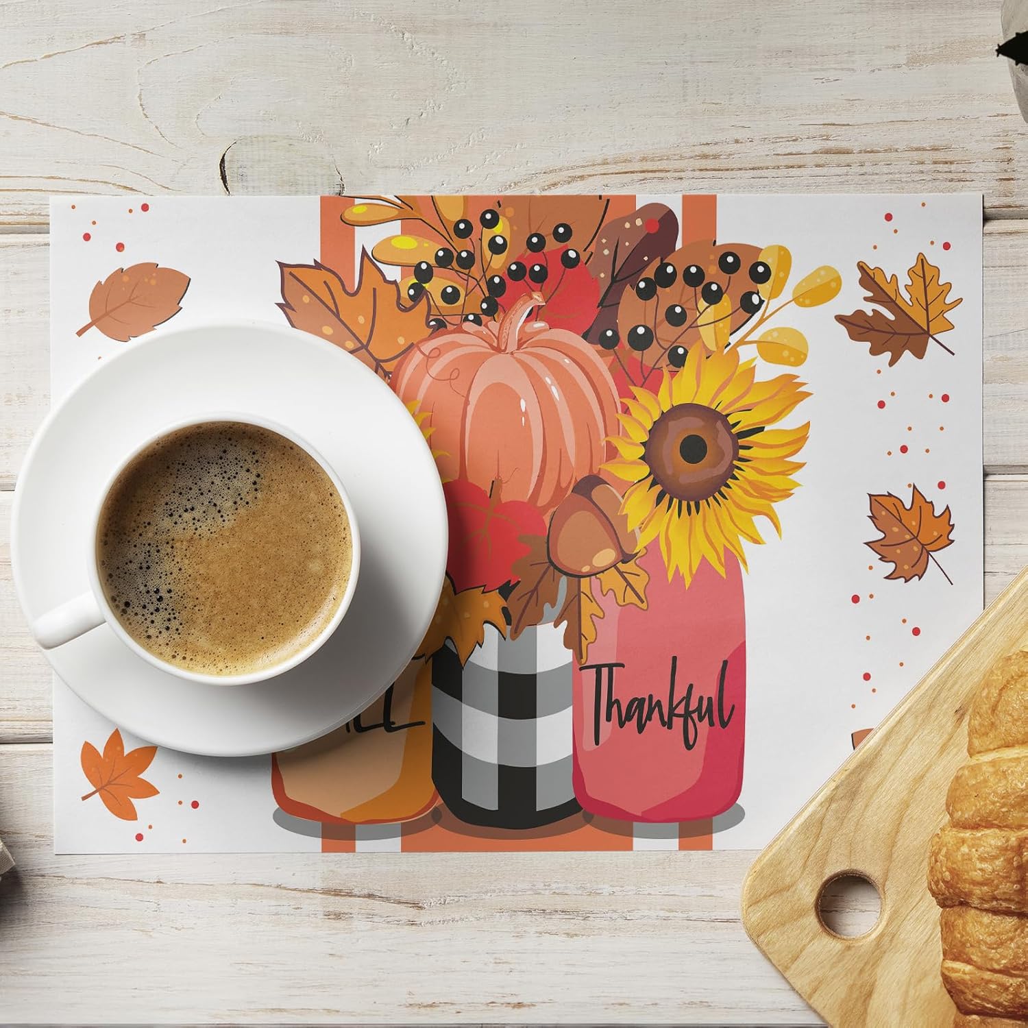 Juego de 4 manteles individuales con texto en inglés Hello Fall, crisantemo en frasco, cosecha de temporada, granja, Acción de Gracias, cocina,