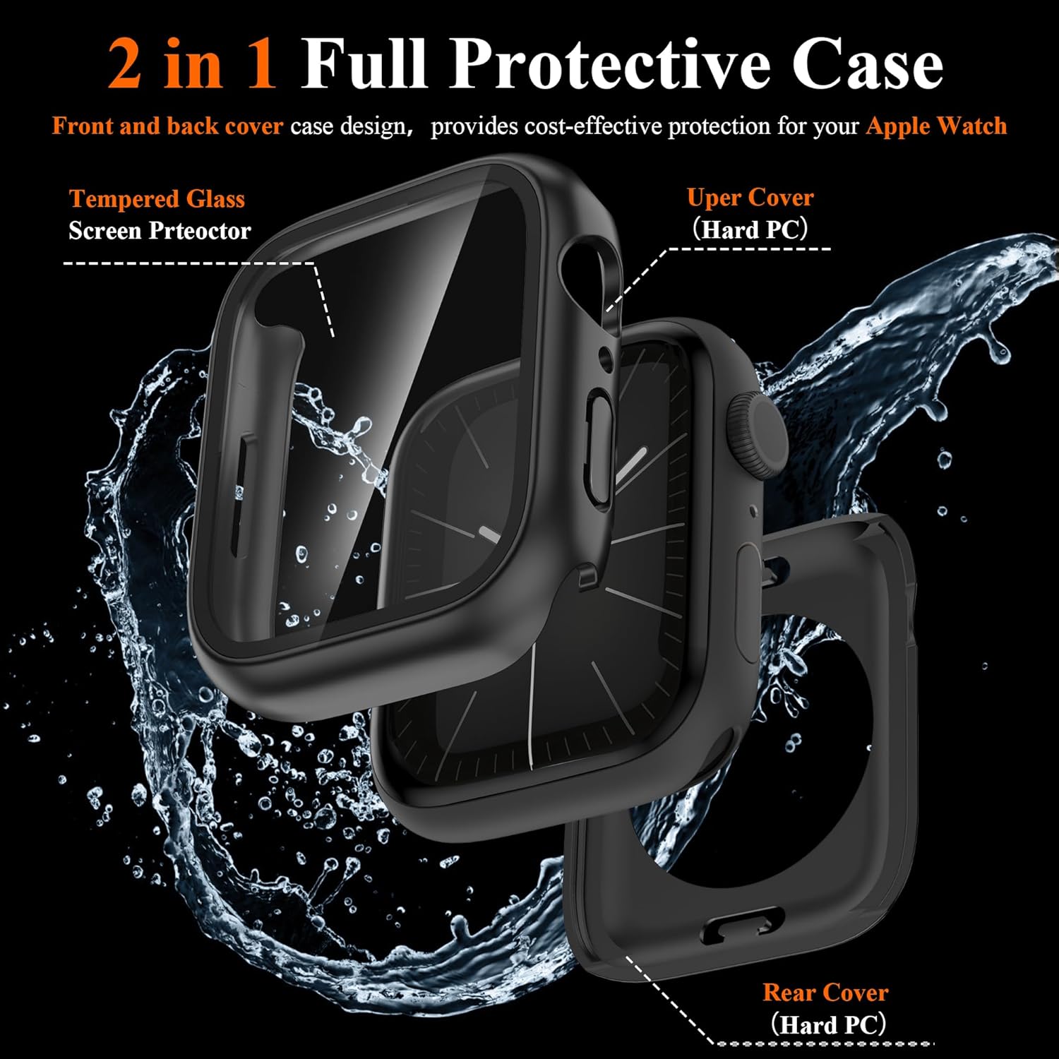 YMHML – Funda impermeable para Apple Watch Series 9 de 1.772 pulgadas, protector de pantalla de vidrio templado 360, cubierta frontal de