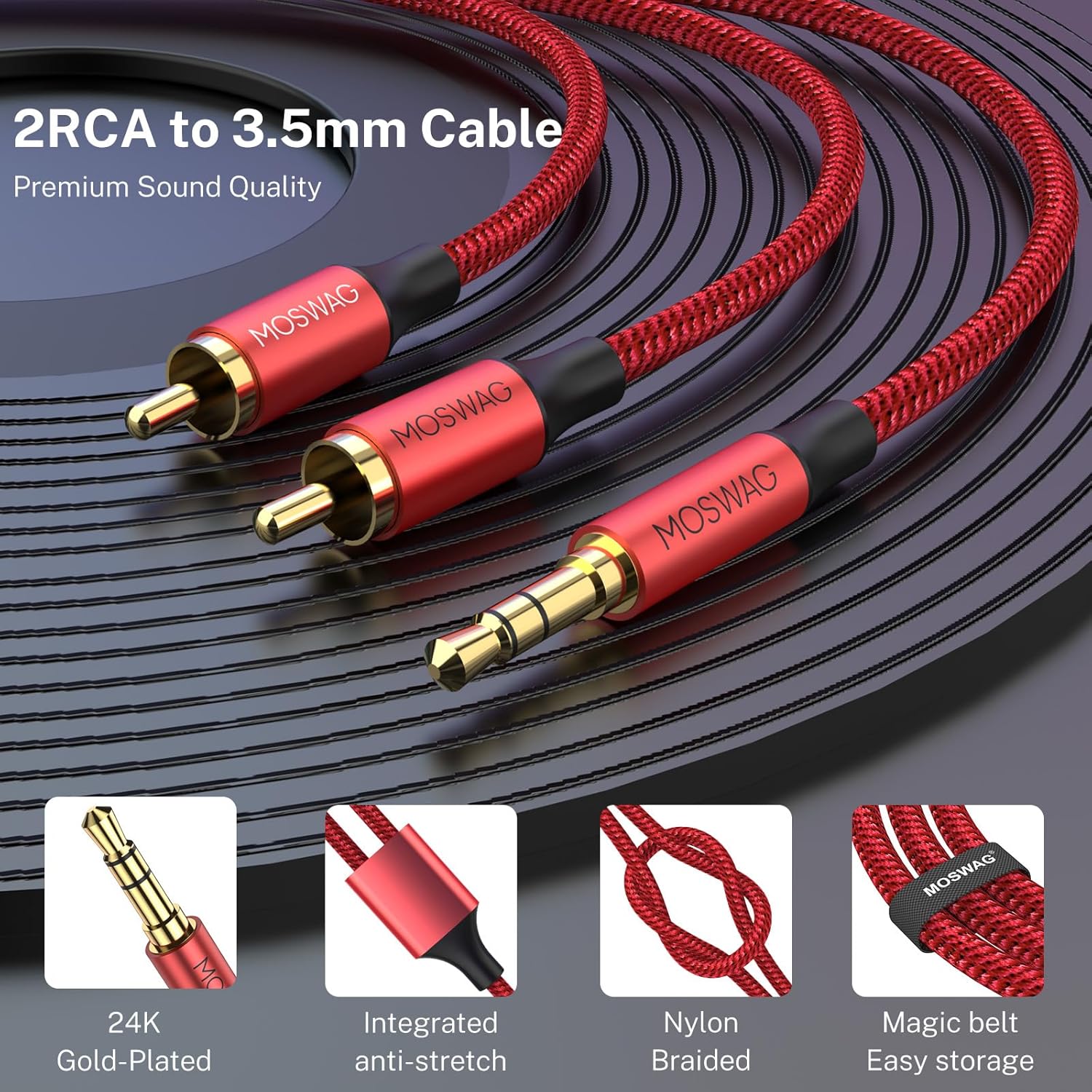 MOSWAG Cable RCA, adaptador de audio estéreo macho de 0.138 in a 2RCA macho, doble blindado, chapado en oro, cable coaxial trenzado de nailon AUX