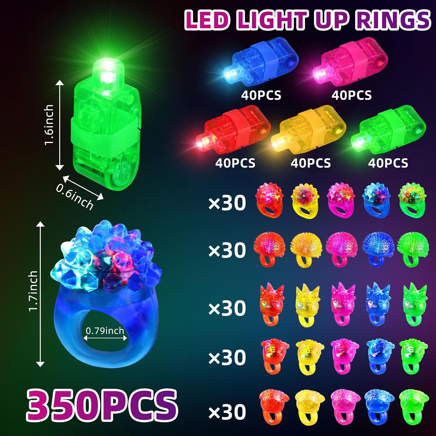Liliful 350 anillos de luz LED, anillos parpadeantes que incluyen 150 anillos de goma de gelatina, 200 linterna de dedo que brilla en la oscuridad,