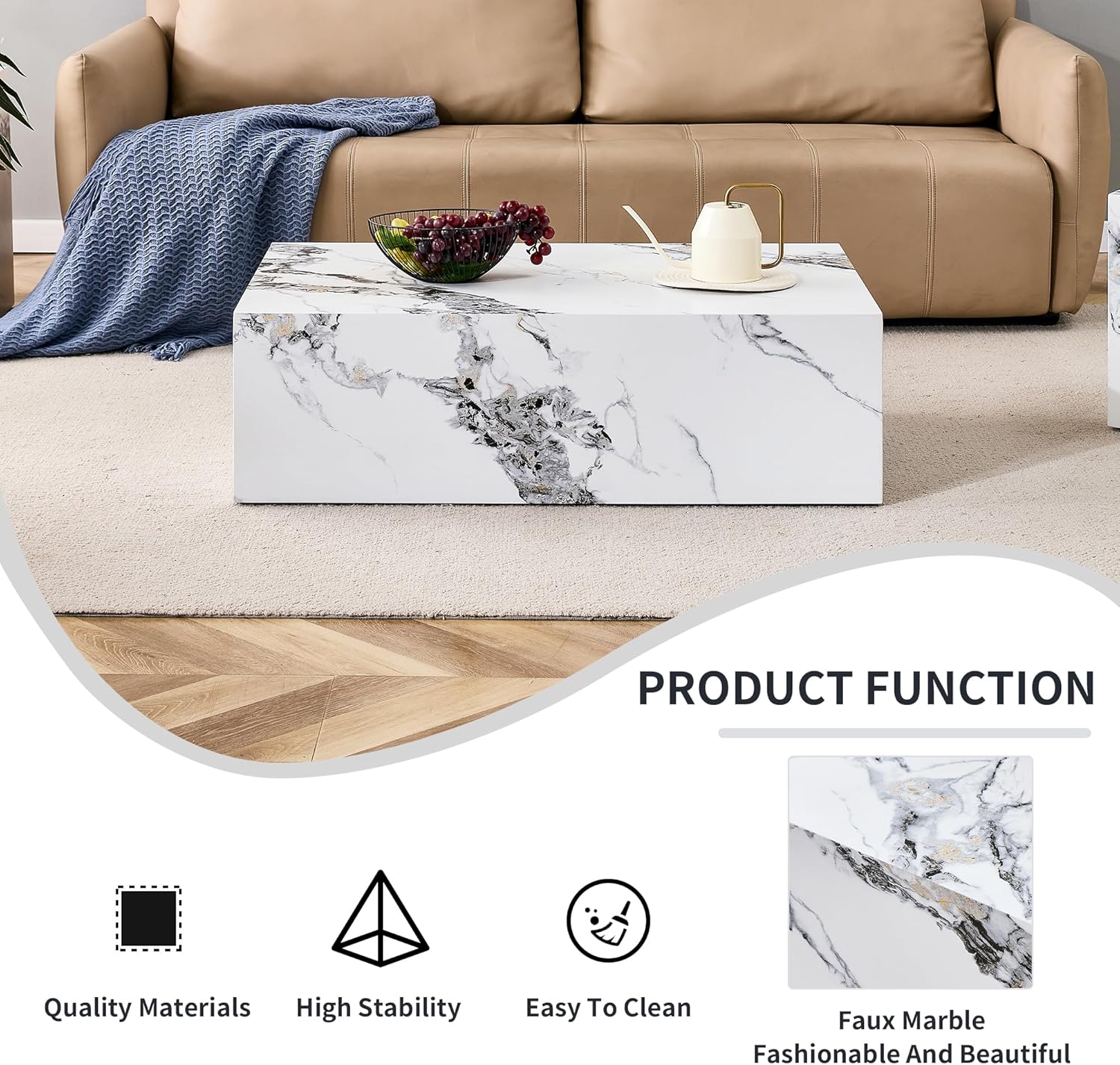 Mesa de centro moderna de mármol, mesa central rectangular de madera con patrón de mármol para sala de estar, mesa de cóctel contemporánea para el