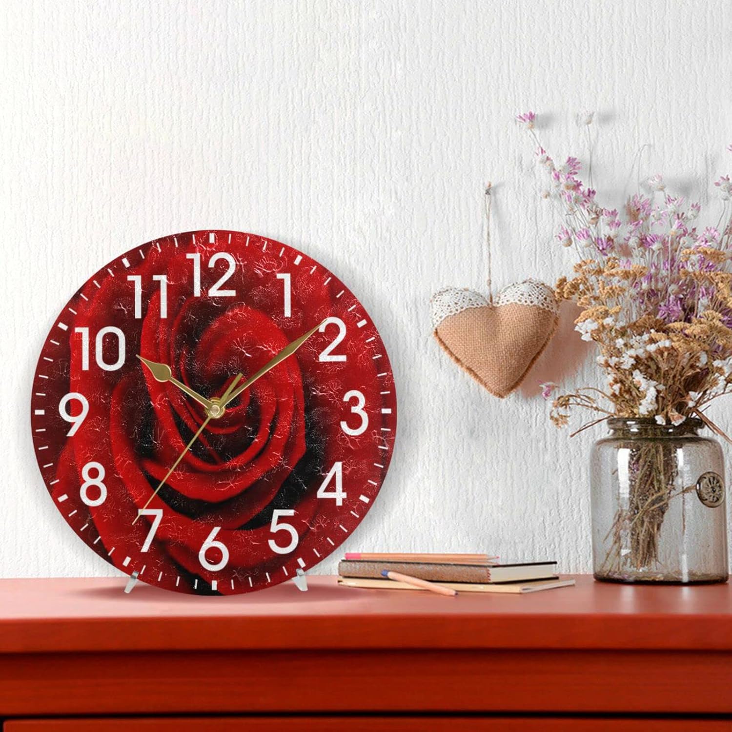 ALAZA Decoración del hogar, diseño de flores rojas y rosas florales, día de San Valentín, reloj de pared redondo de acrílico de 9.5 pulgadas, arte