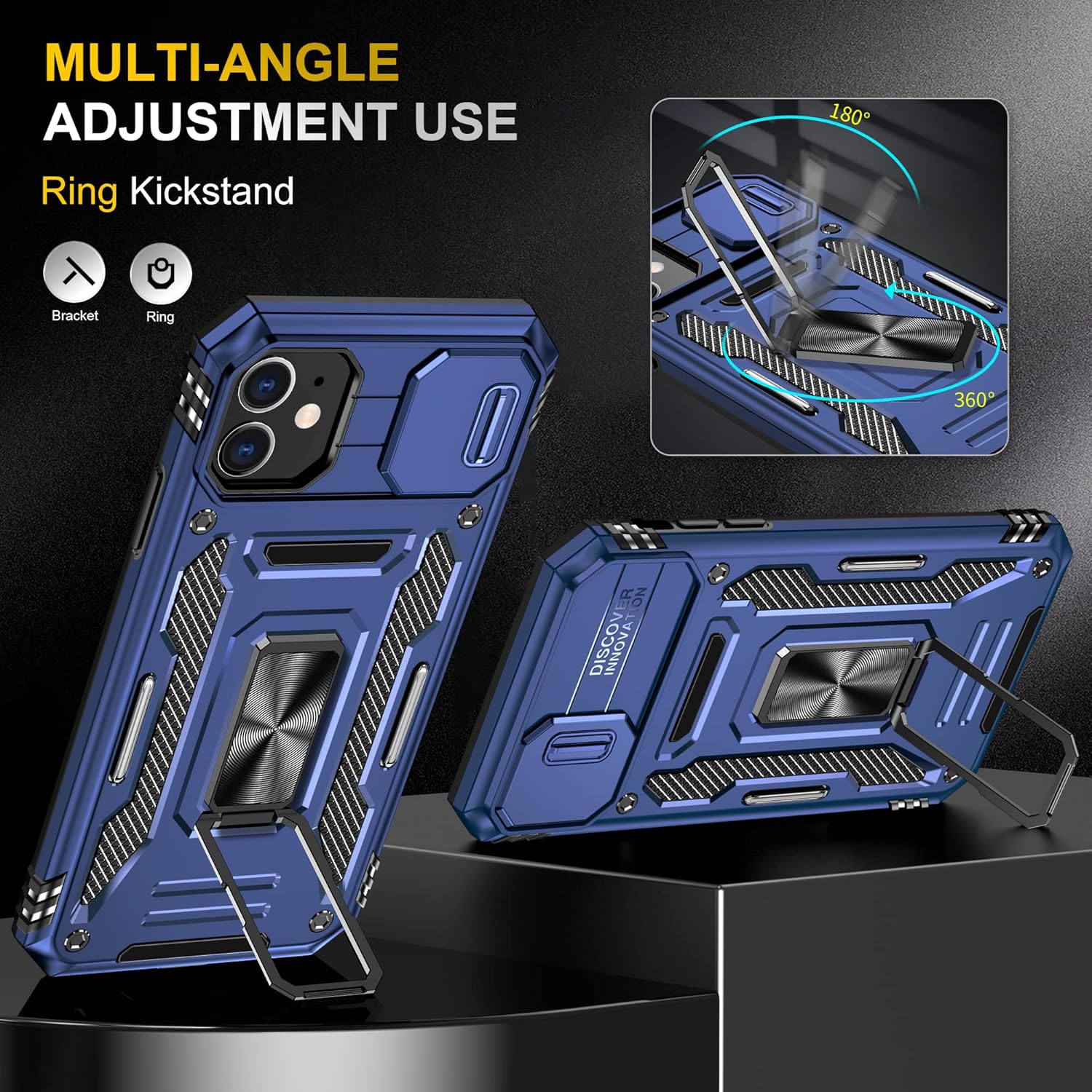 Funda para iPhone 11 con 2 protectores de pantalla de vidrio, funda con función atril para iPhone 11 con cubierta deslizante para cámara y soporte