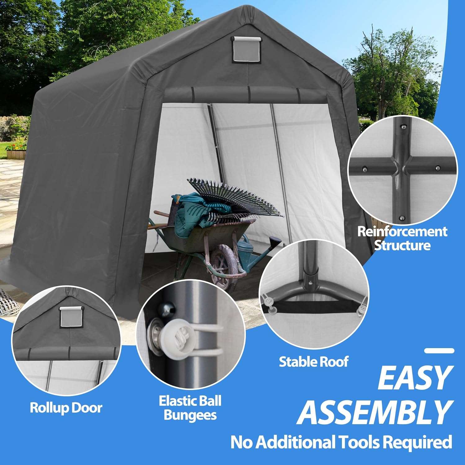 Raysfung Cobertizo de almacenamiento al aire libre de 10 x 10 pies, cobertizo de almacenamiento portátil resistente con puerta enrollable con