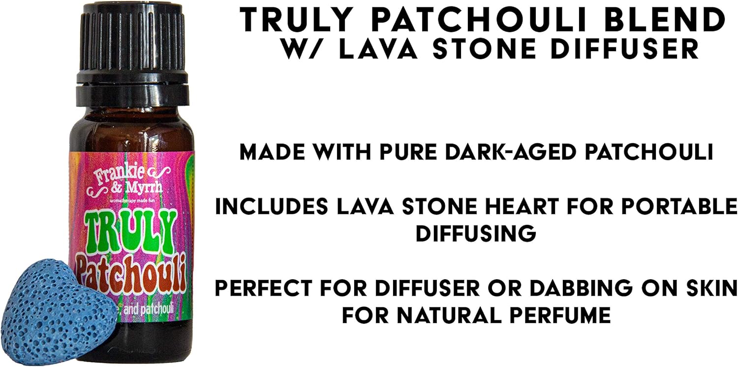 Frankie and Myrrh – Mezcla de aceites esenciales de aromaterapia con difusor de piedra de lava portátil, pachulí envejecido puro y benjuí,