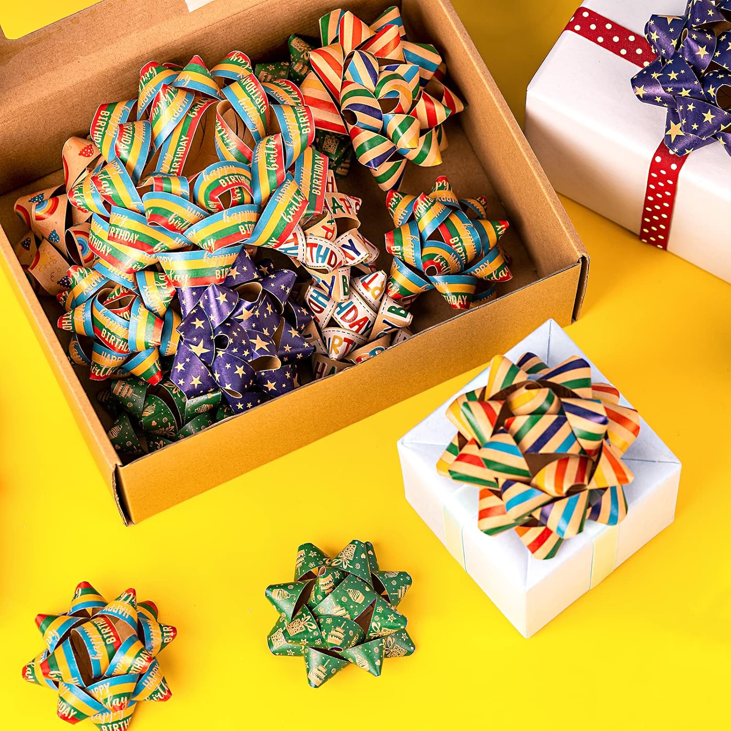 RUSPEPA Surtido de lazos de regalo de cumpleaños de papel kraft, diseño colorido de arco iris para Navidad, vacaciones, cumpleaños, bodas, baby