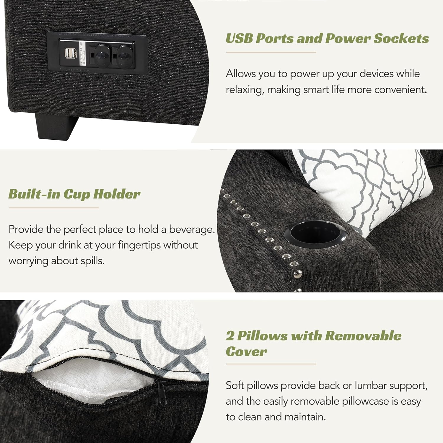 Sofá cama modular reversible de 83.8 pulgadas con diván de almacenamiento, sofá esquinero en forma de L con puertos USB y enchufes de corriente,