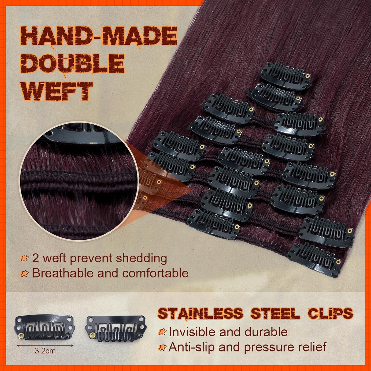 Benehair Extensiones de cabello humano real con clip, color rojo vino, 24 pulgadas de largo, lacio, Remy natural, cabeza completa, 8 unidades, 18