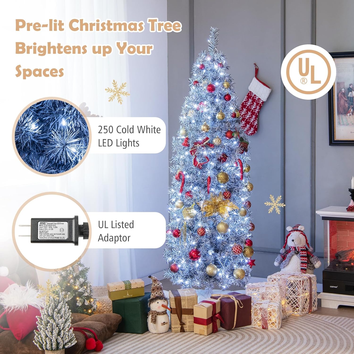 HAPPYGRILL Árbol de Navidad artificial preiluminado de 6 pies, árbol de Navidad con bisagras con 475 puntas de rama, 250 luces LED blancas frías,