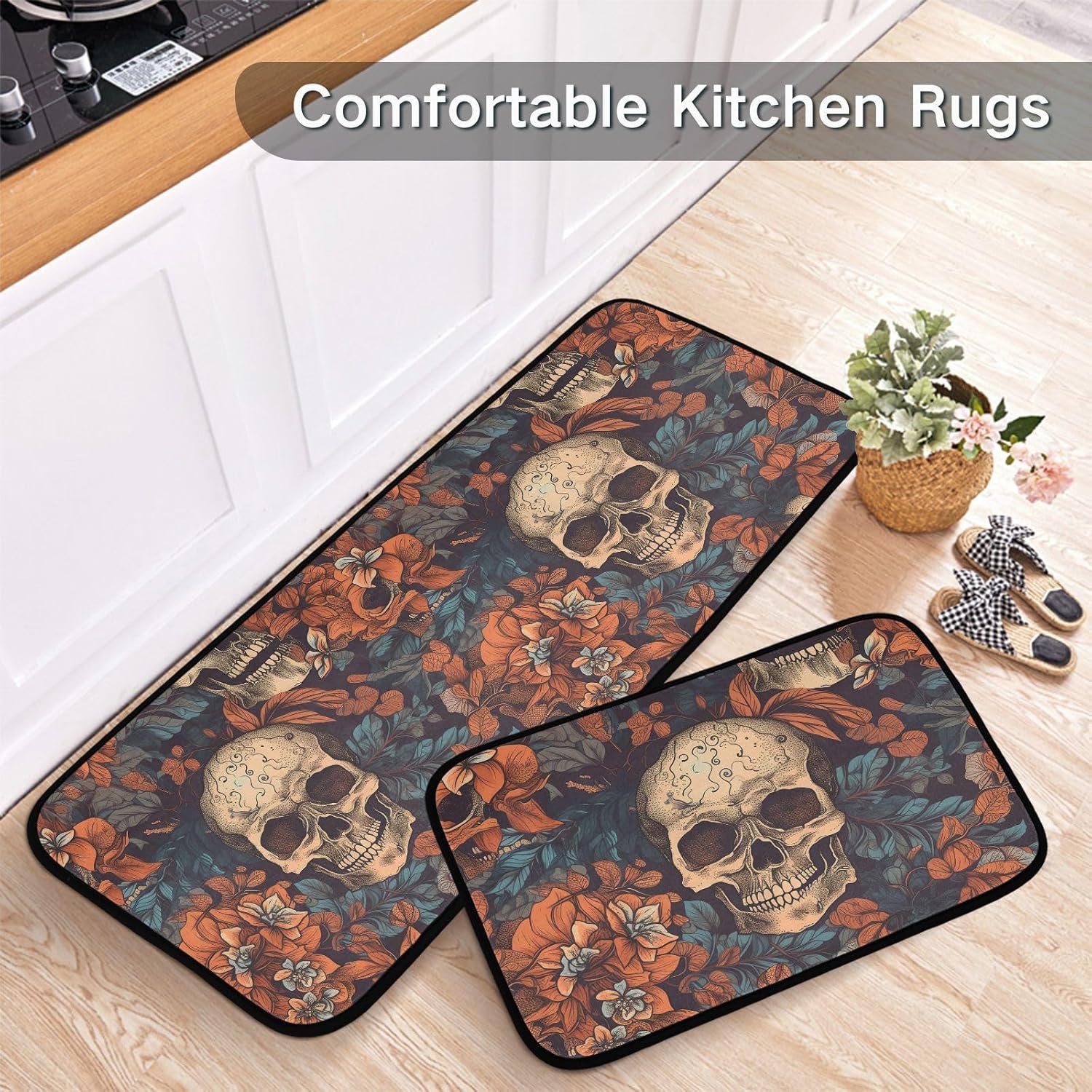 NFMILI Tapete de cocina, 2 unidades (patrón de calavera), acolchado, antifatiga, impermeable, antideslizante, tapete de cocina ergonómico, cómodo,