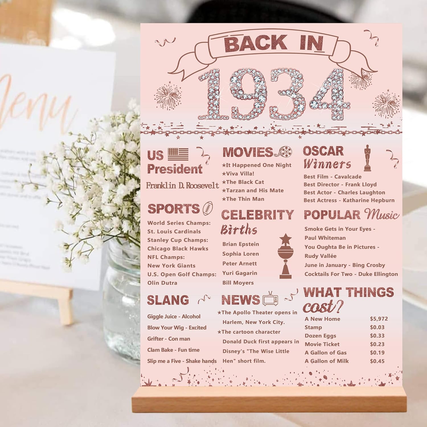 DARUNAXY Decoraciones de fiesta de cumpleaños número 90 de oro rosa, póster grande de acrílico con soporte para mujeres que saludan a 90 años,