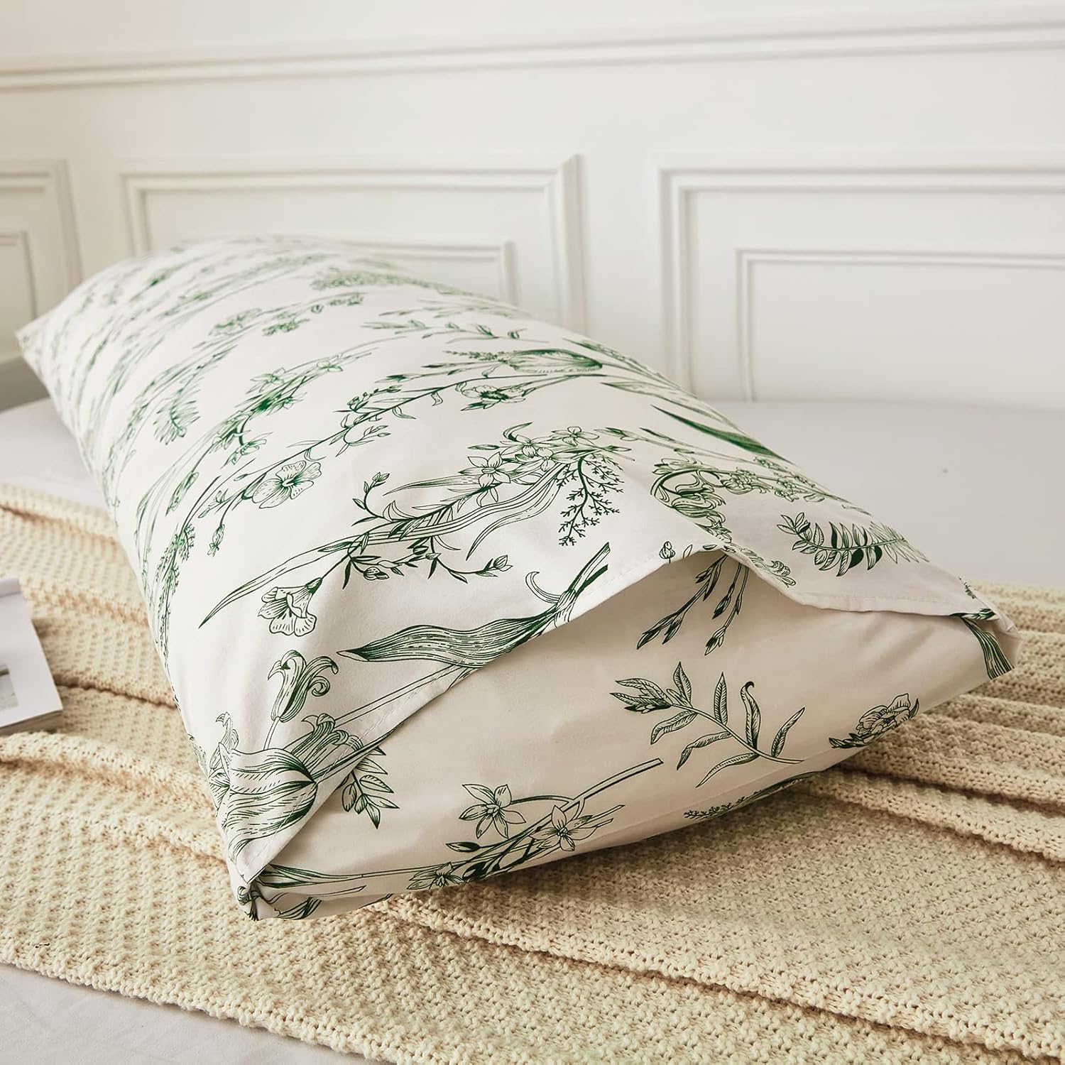 Funda de almohada corporal de flores verdes de 20 x 54 pulgadas, funda de almohada corporal de ramas verdes oscuras, flores, funda de almohada de